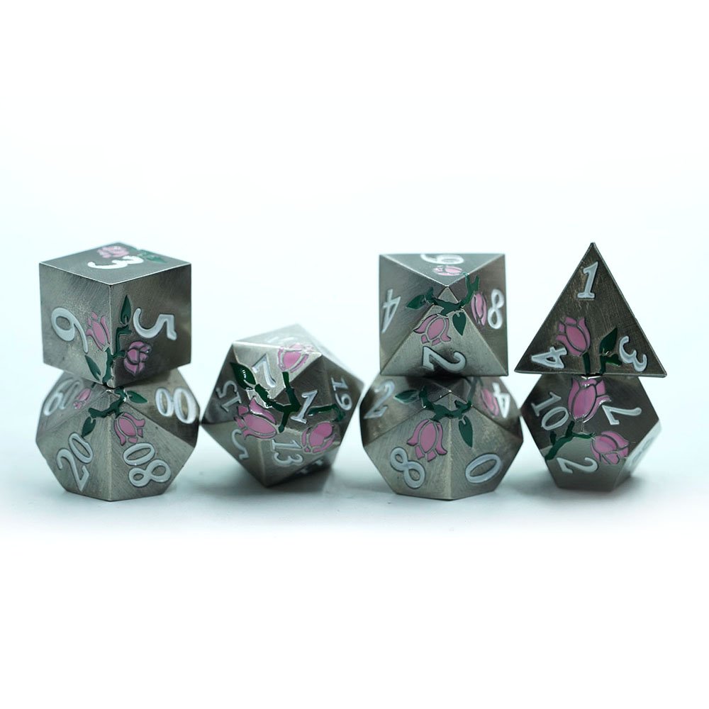 3 Available Colors Kids Toys 7 Piece Polyhedral Mini 16mm Dnd Metal Flower Dice Set For Rpg Game