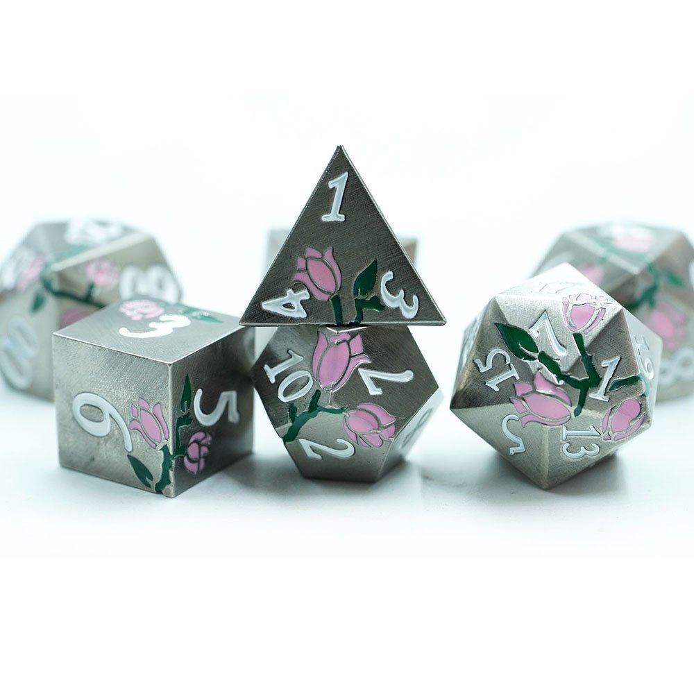3 Available Colors Kids Toys 7 Piece Polyhedral Mini 16mm Dnd Metal Flower Dice Set For Rpg Game