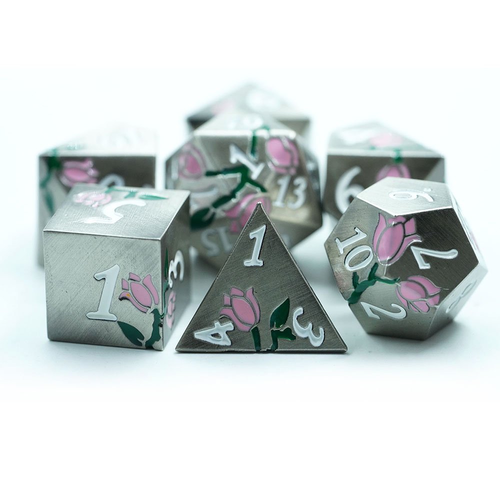 3 Available Colors Kids Toys 7 Piece Polyhedral Mini 16mm Dnd Metal Flower Dice Set For Rpg Game