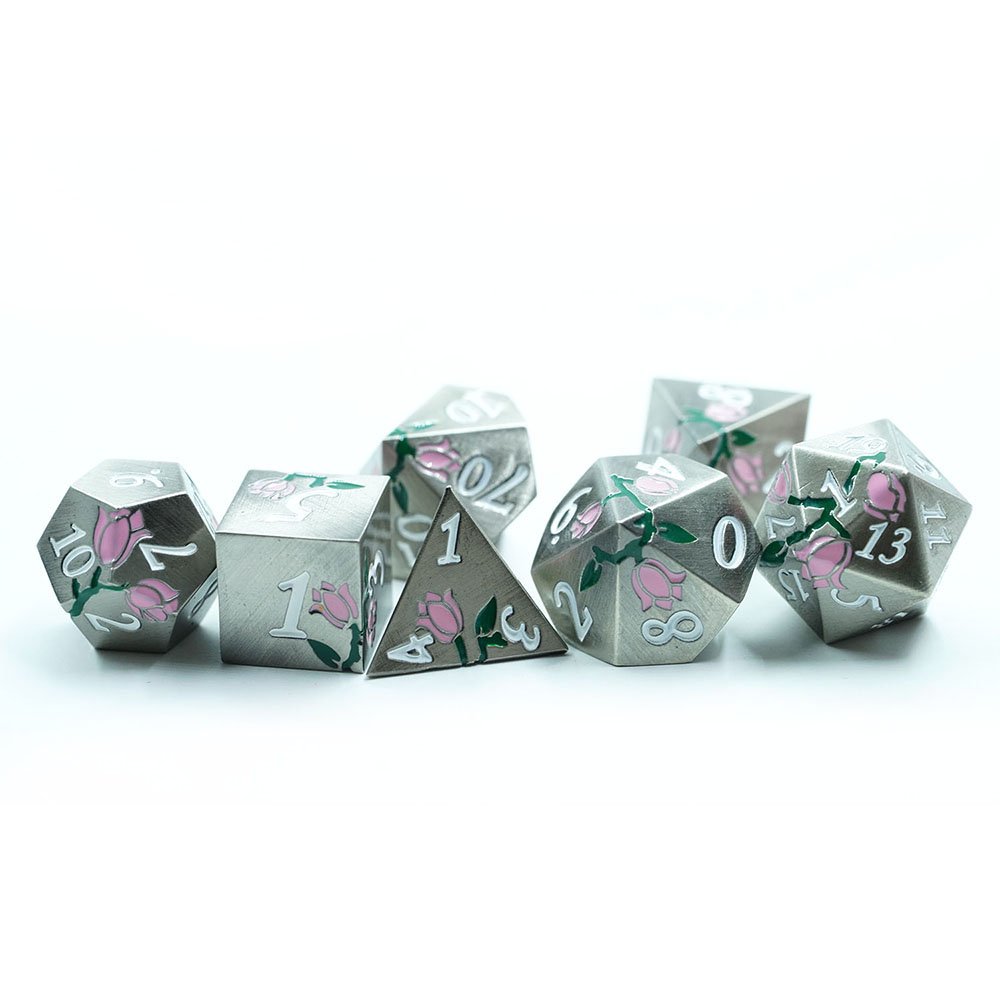 3 Available Colors Kids Toys 7 Piece Polyhedral Mini 16mm Dnd Metal Flower Dice Set For Rpg Game