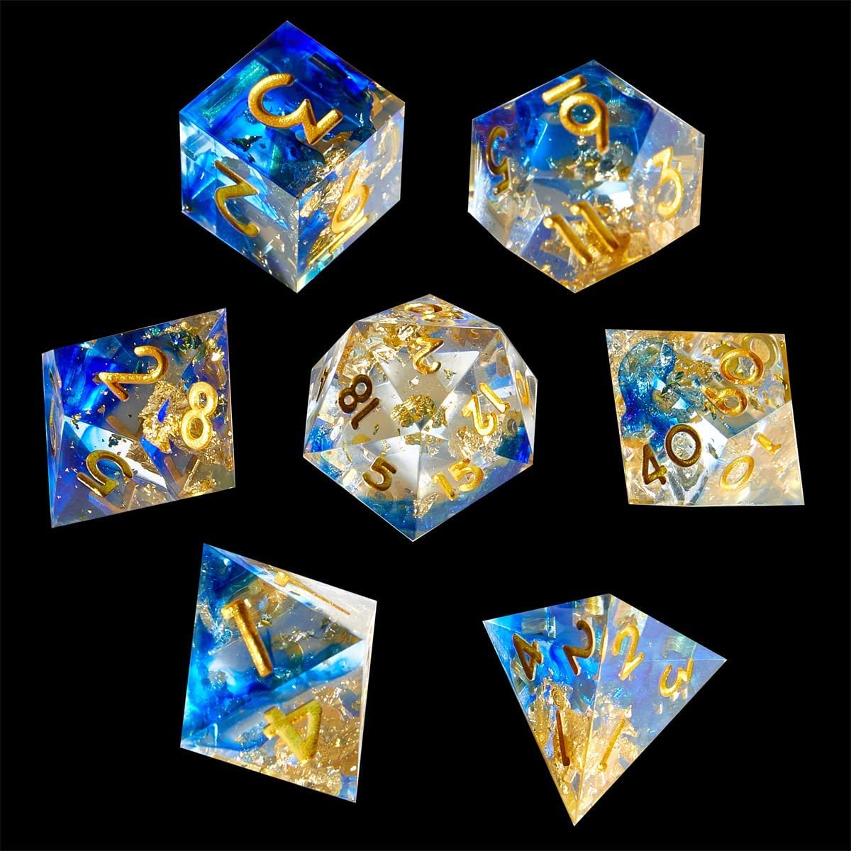 7-piece custom transparent polyhedral resin liquid core dice for tabletop game Dragon and Dungeon