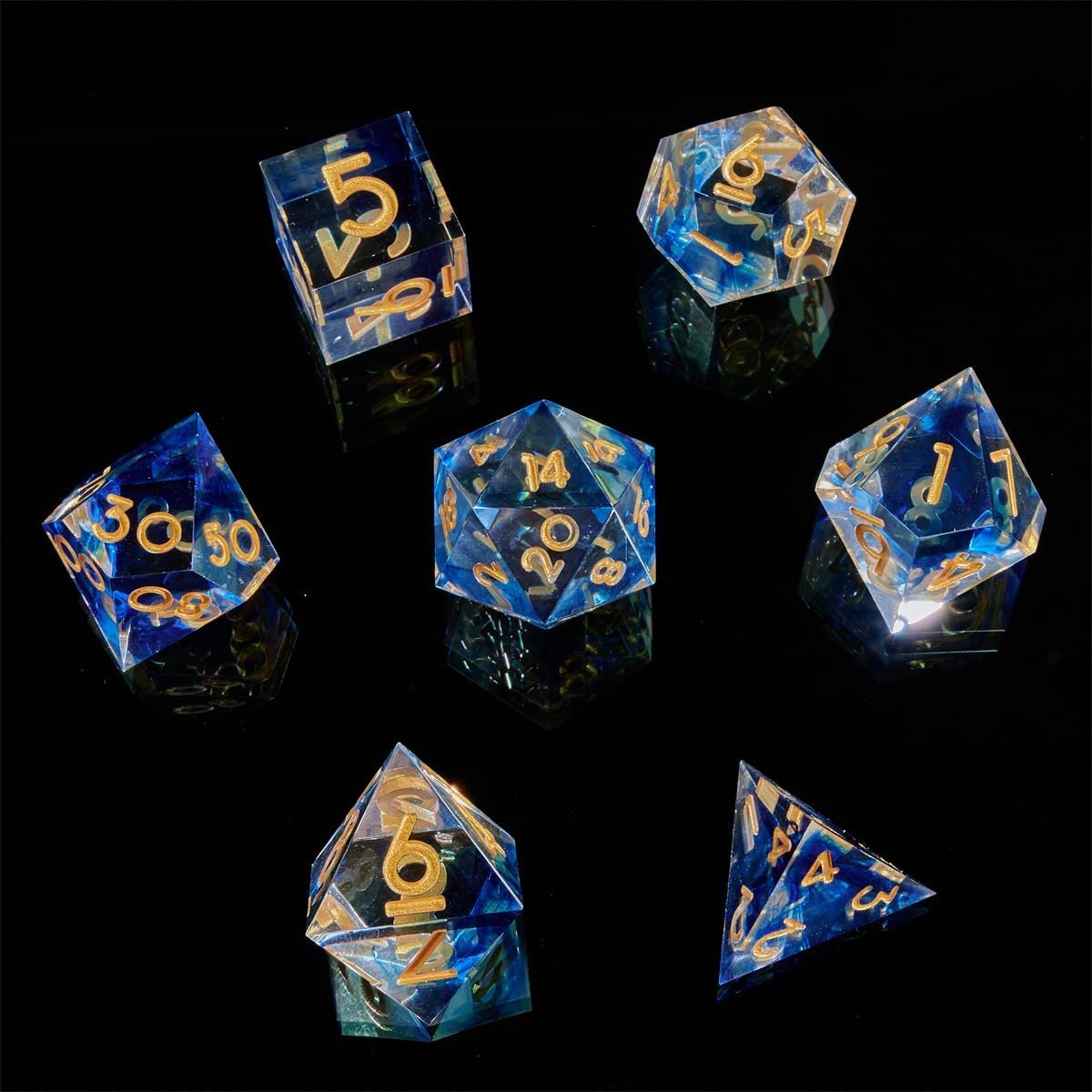 7-piece custom transparent polyhedral resin liquid core dice for tabletop game Dragon and Dungeon