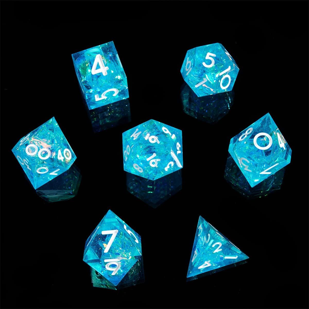7-piece custom transparent polyhedral resin liquid core dice for tabletop game Dragon and Dungeon