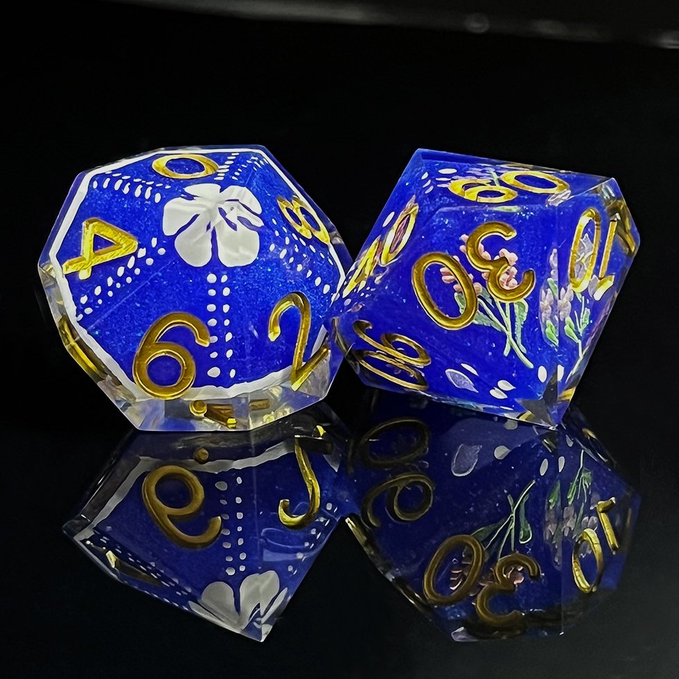 2024 Sharp Edge Dice For Dungeons And Dragons blue and white porcelain flowers and butterfly layered Resin Polyhedral Dice Set