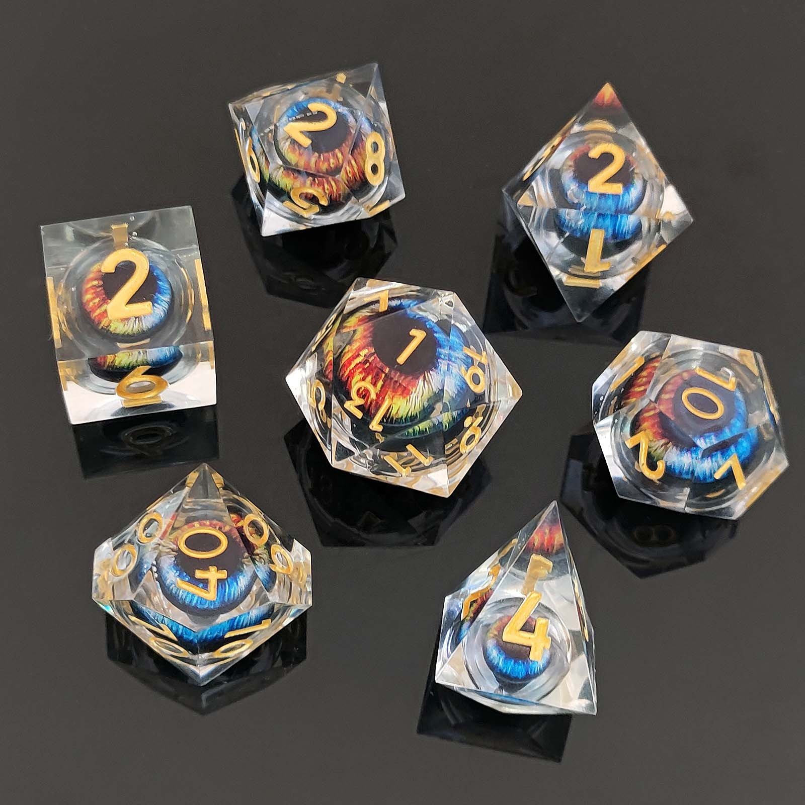 Beautiful Dazzling Moving Dragon Eye DND Dice Liquid Core Sharp Edge Resin Dice Set for RPG Game