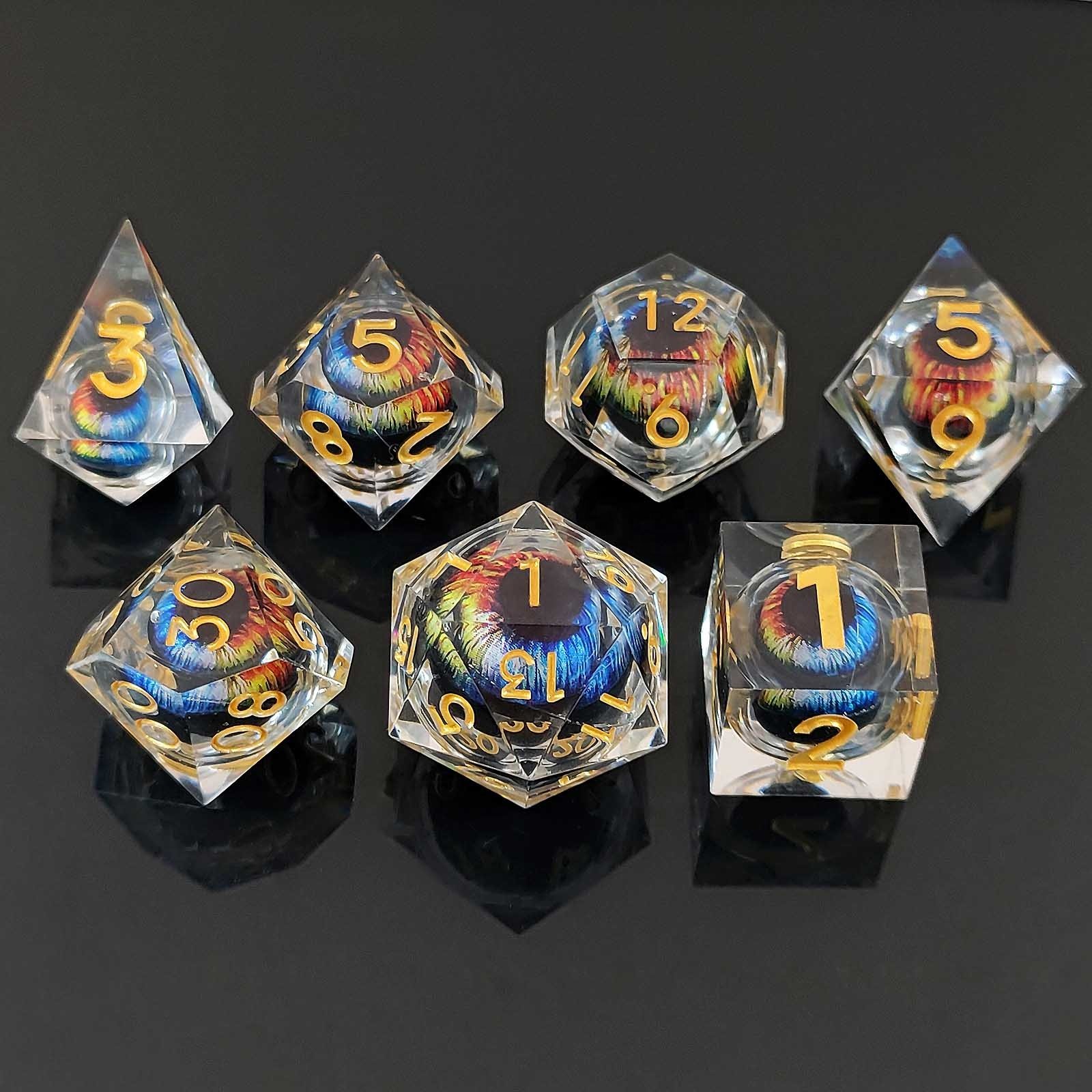 Beautiful Dazzling Moving Dragon Eye DND Dice Liquid Core Sharp Edge Resin Dice Set for RPG Game
