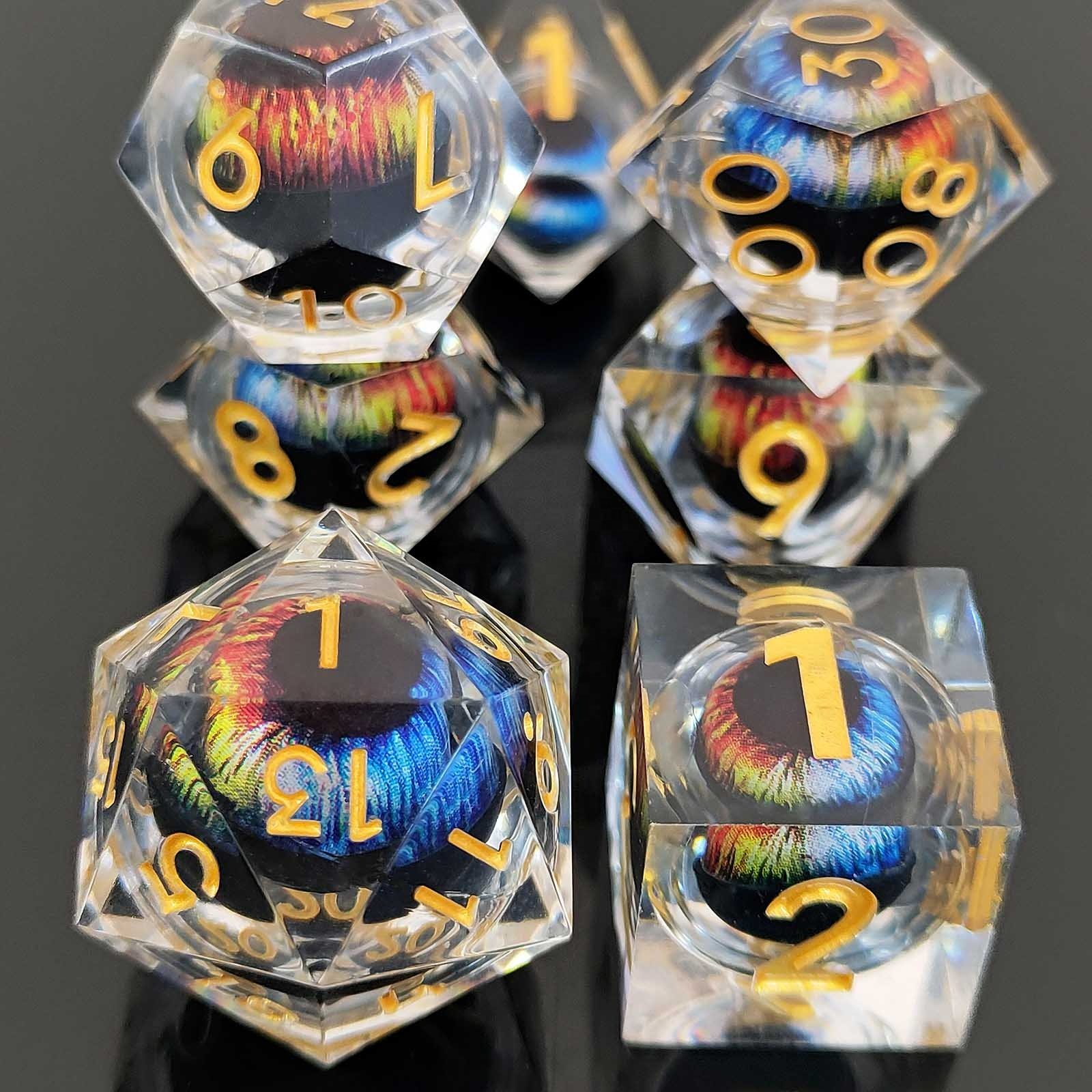 Beautiful Dazzling Moving Dragon Eye DND Dice Liquid Core Sharp Edge Resin Dice Set for RPG Game