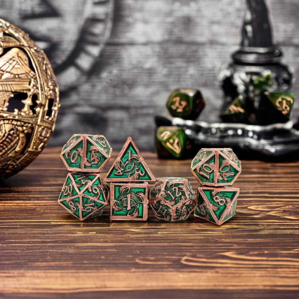 Mini Planet Wholesale RPG Board Games Set Handmade 7pcs Polyhedral Copper Metal Dice Custom Logo DND MTG Players Hollow Style