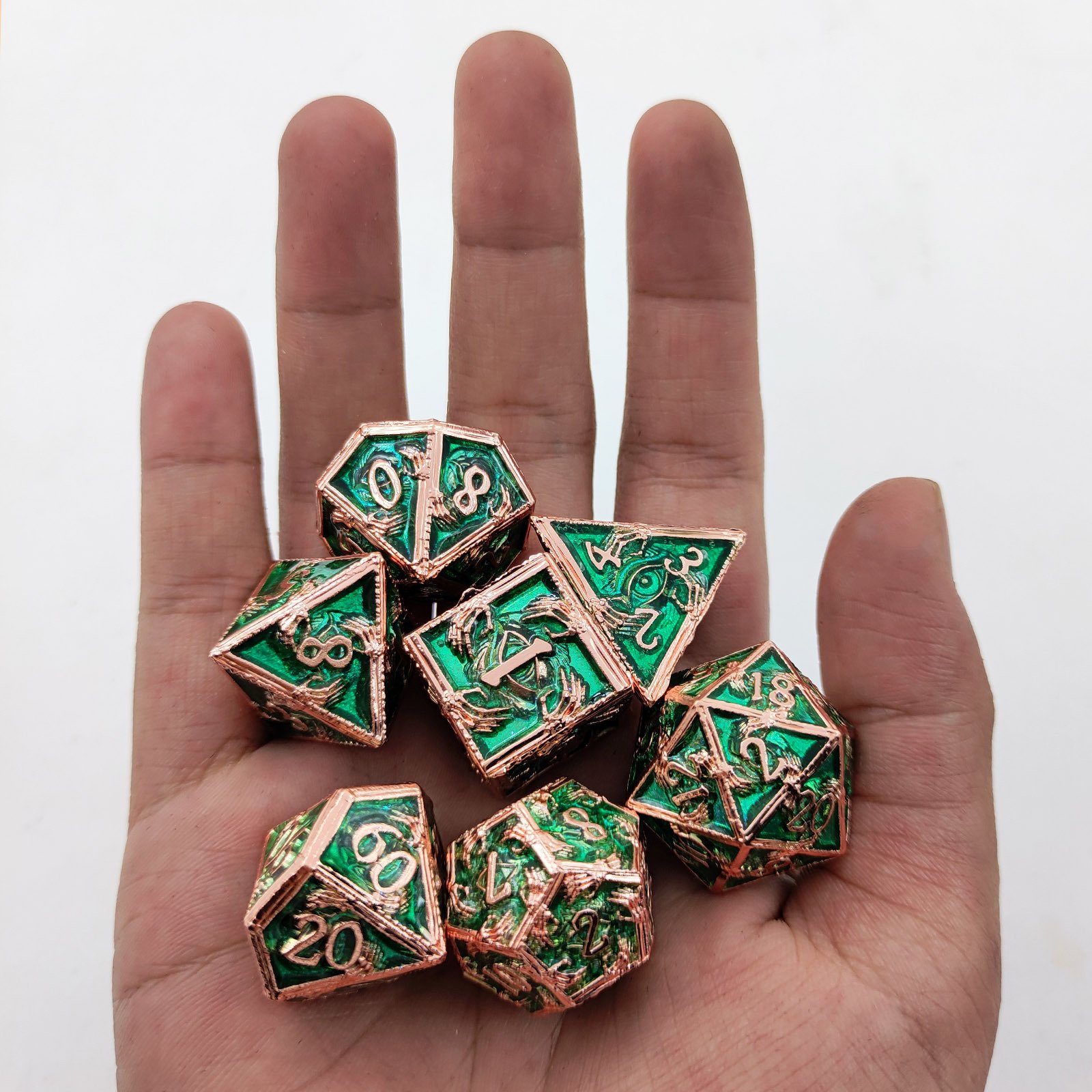 Mini Planet Wholesale RPG Board Games Set Handmade 7pcs Polyhedral Copper Metal Dice Custom Logo DND MTG Players Hollow Style