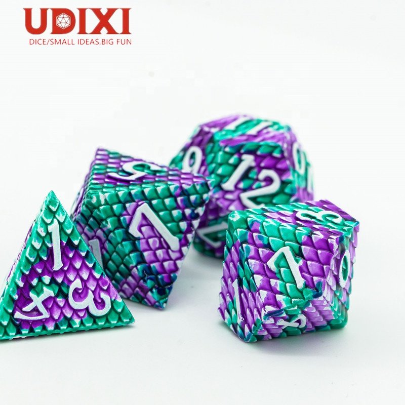 Udixi Polyhedral dungeons and dragons RPG Metal custom logo Dragon Scale Dice Set Purple&Green