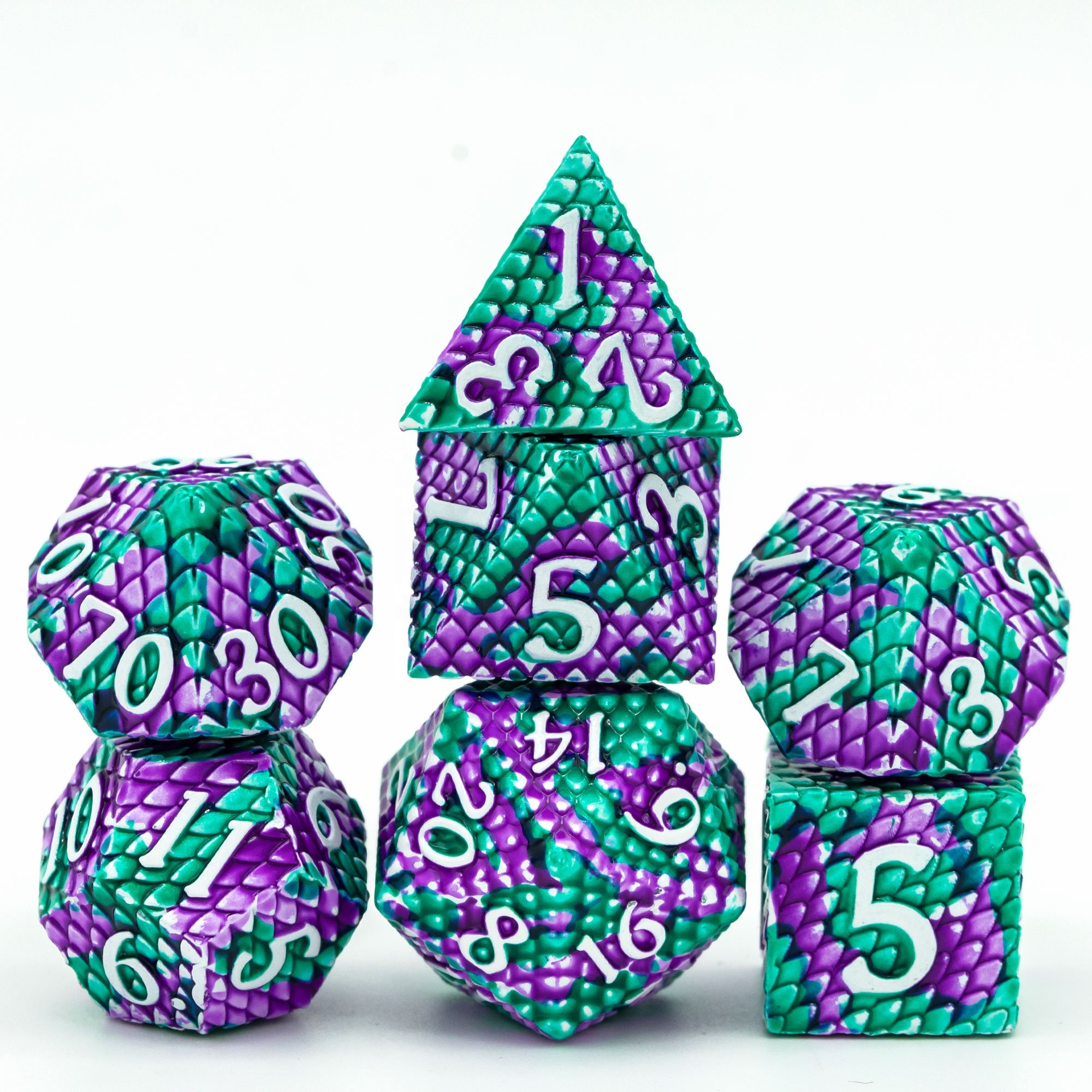 Udixi Polyhedral dungeons and dragons RPG Metal custom logo Dragon Scale Dice Set Purple&Green
