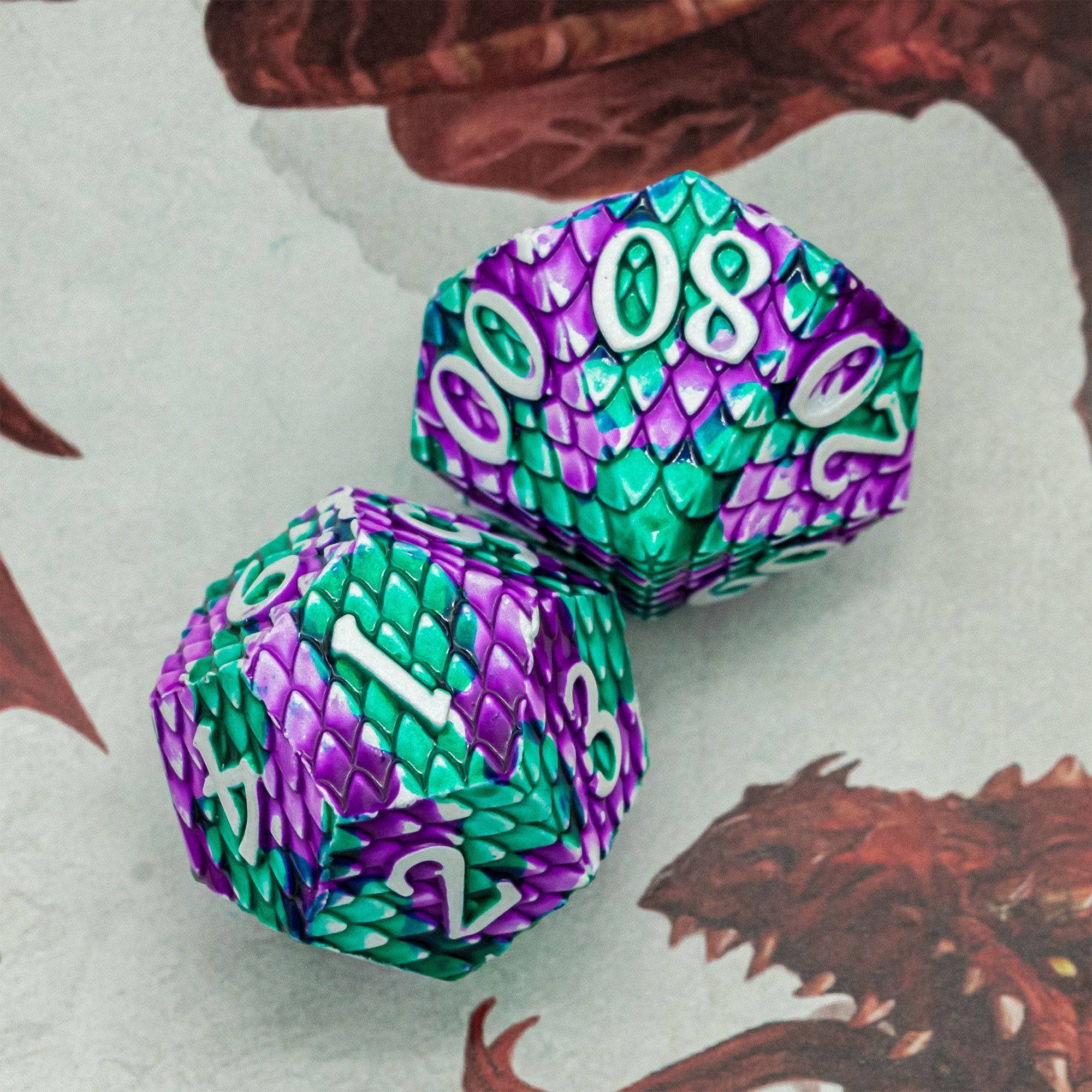 Udixi Polyhedral dungeons and dragons RPG Metal custom logo Dragon Scale Dice Set Purple&Green