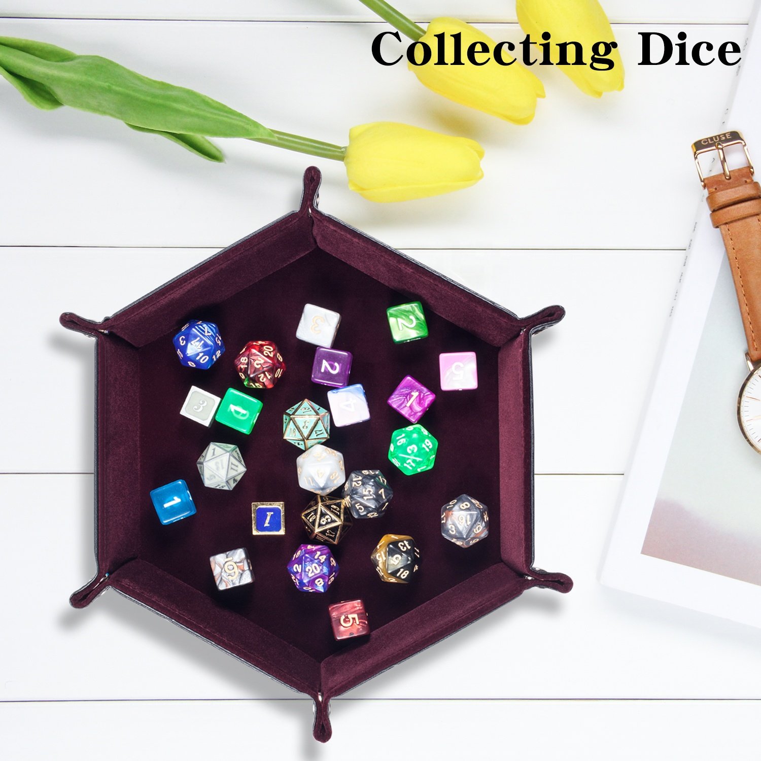 Custom Logo Folding Dice Rolling Tray PU Leather Velvet Portable Foldable Polygon Dice Tray Storage Box for DND Dice Board Games