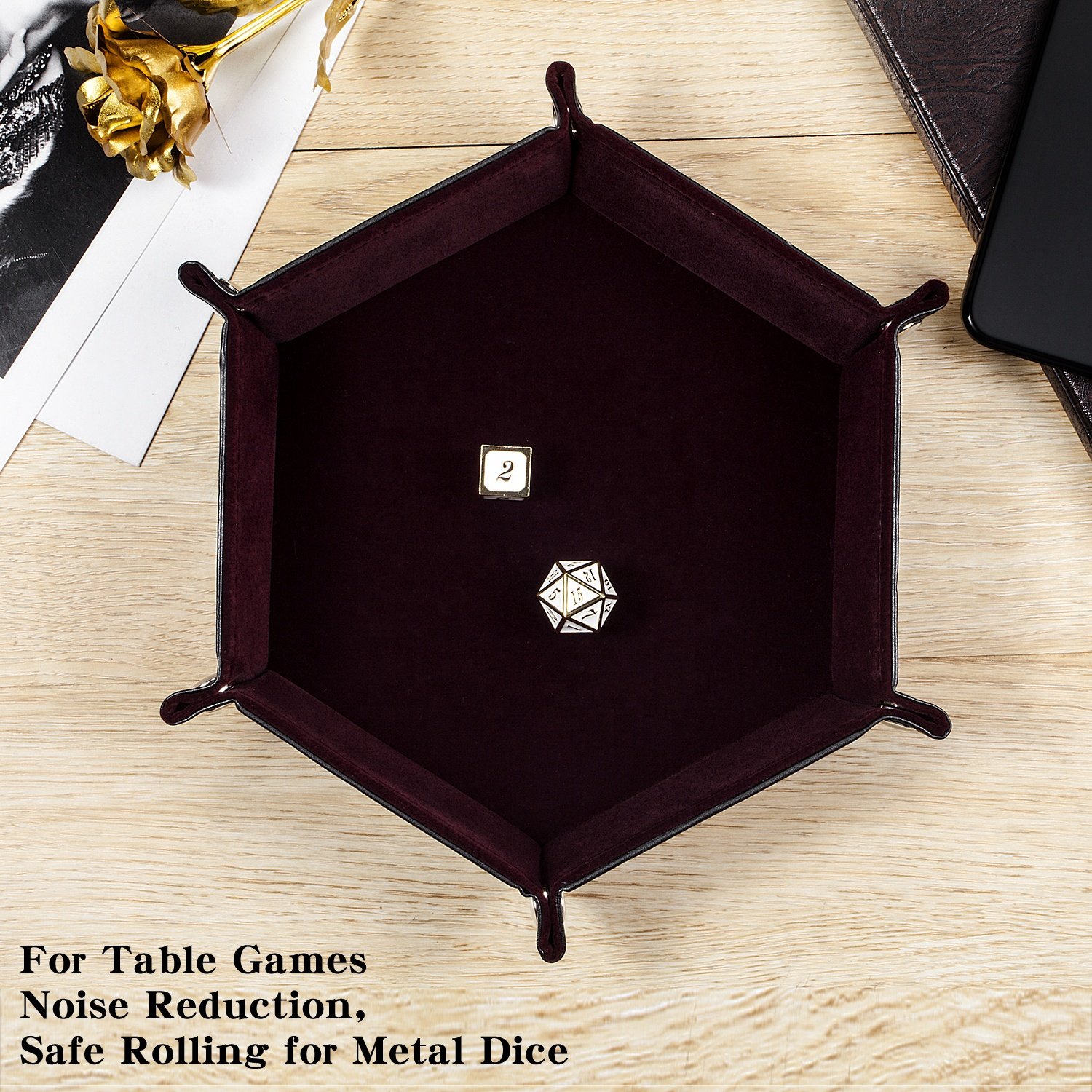 Custom Logo Folding Dice Rolling Tray PU Leather Velvet Portable Foldable Polygon Dice Tray Storage Box for DND Dice Board Games