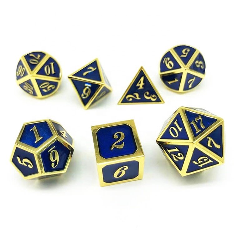 Factory Direct Sale Tabletop Game Polyhedral Blue Gold Metal DND Dice Set for RPG