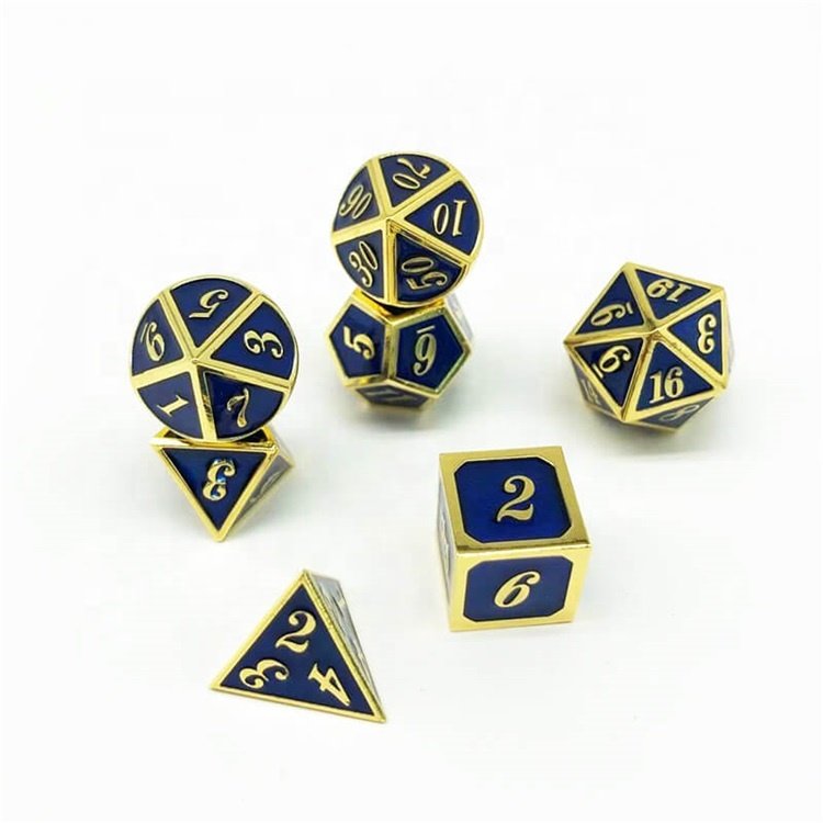 Factory Direct Sale Tabletop Game Polyhedral Blue Gold Metal DND Dice Set for RPG