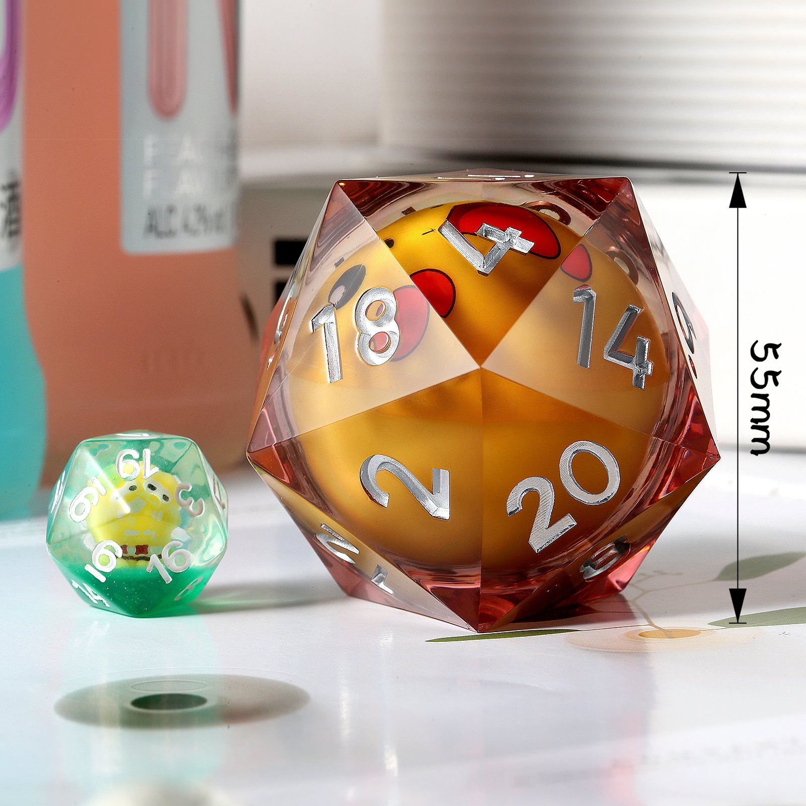 55mm Oversize LED Liquid Core Pikachu D20 Dice Dungeons and Dragons 20 Sided Big D20 Sharp Edge Resin Dice for Role Playing Game