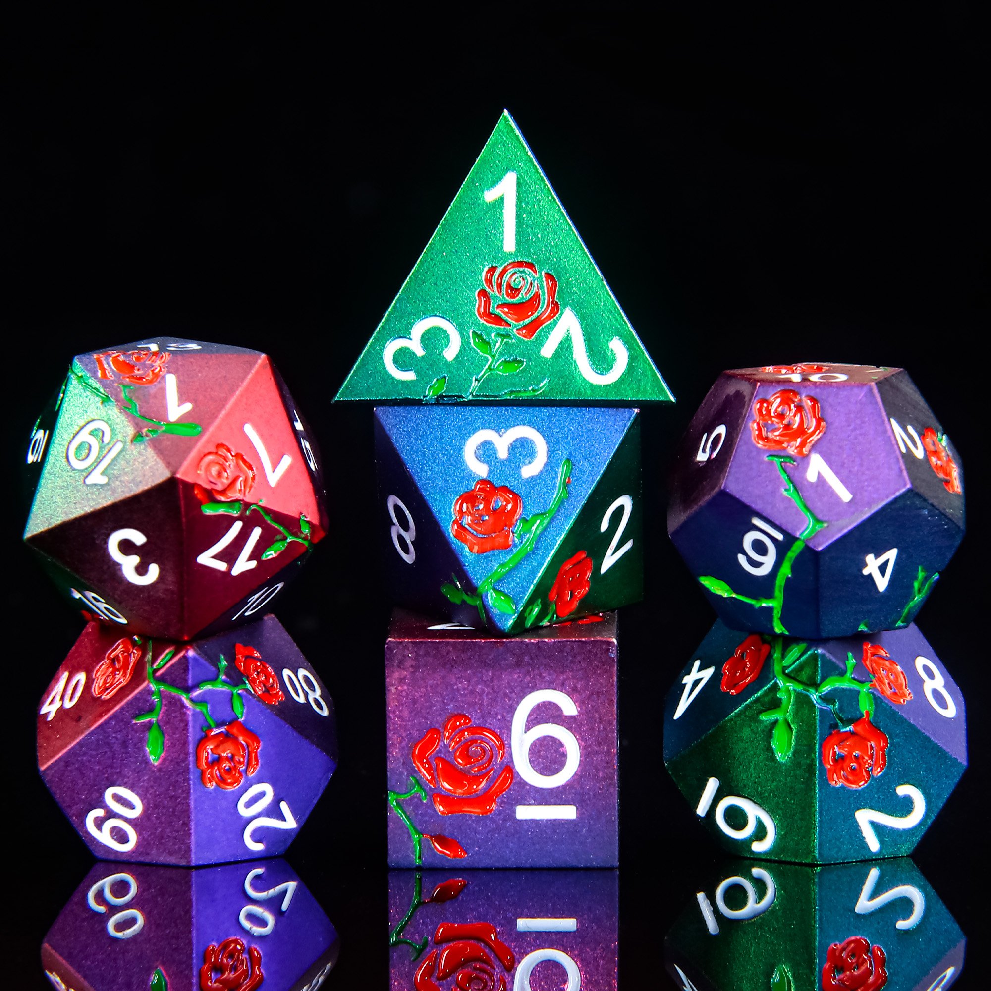 RTS 20mm Square Metal Polyhedral Dice Set Rose Carved DND Tabletop Game Accessories Box Packaging with Numbers 7pcs