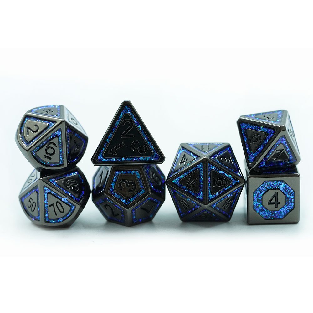 Custom Blue Mica Cracked Stripe Shape 7pcs Full Set Metal Dice Set Sharp Edge Dice
