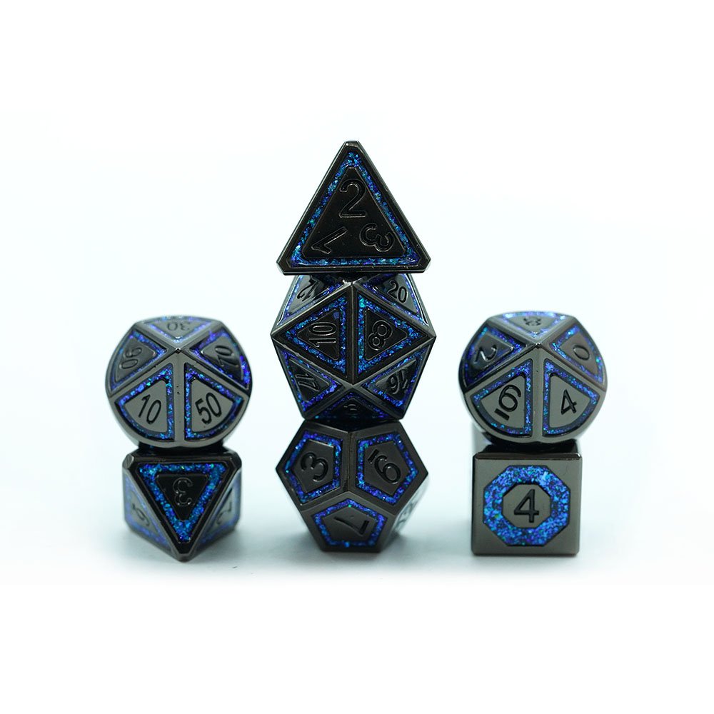 Custom Blue Mica Cracked Stripe Shape 7pcs Full Set Metal Dice Set Sharp Edge Dice
