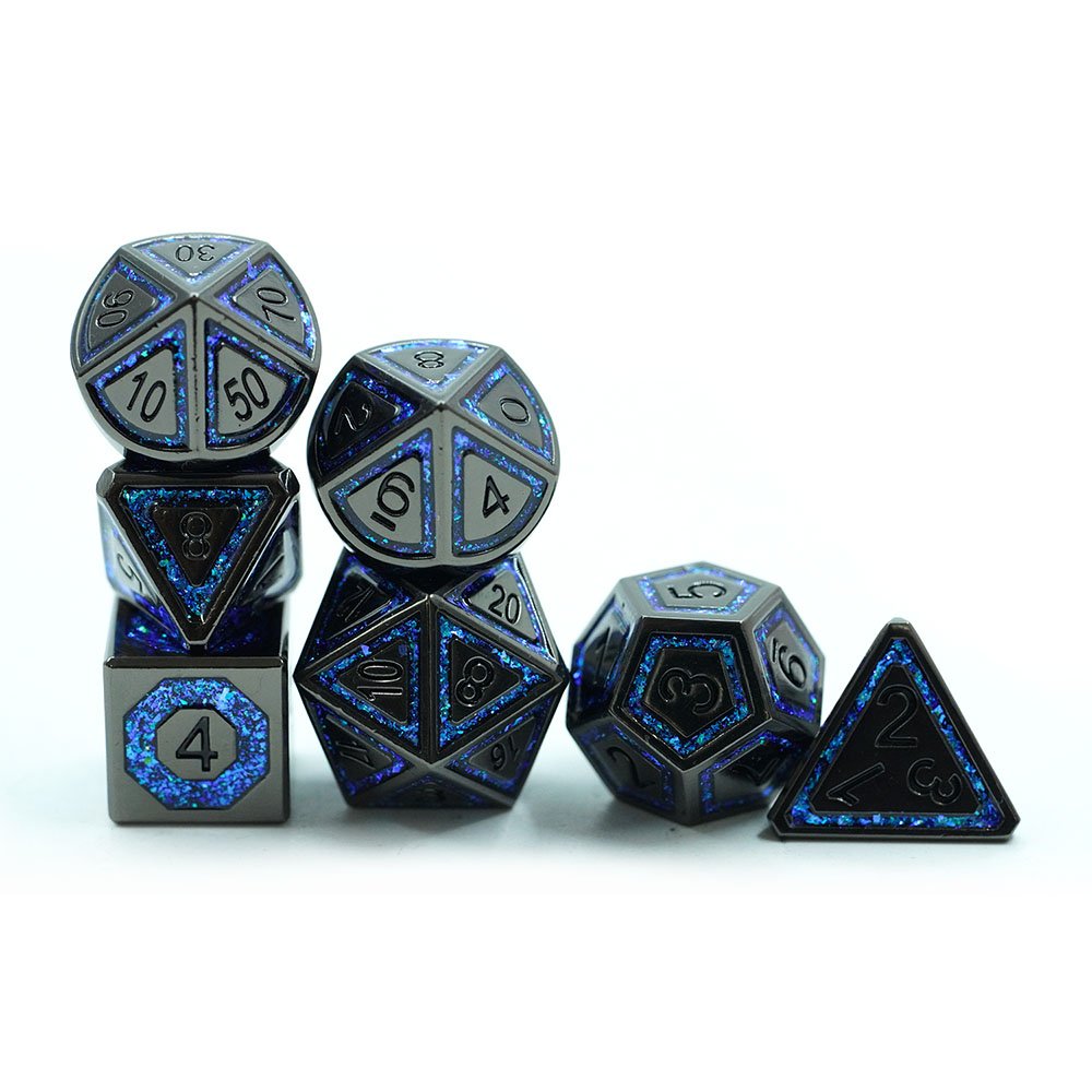 Custom Blue Mica Cracked Stripe Shape 7pcs Full Set Metal Dice Set Sharp Edge Dice