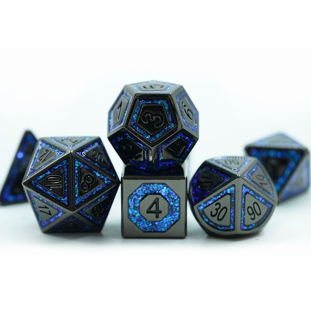 Custom Blue Mica Cracked Stripe Shape 7pcs Full Set Metal Dice Set Sharp Edge Dice