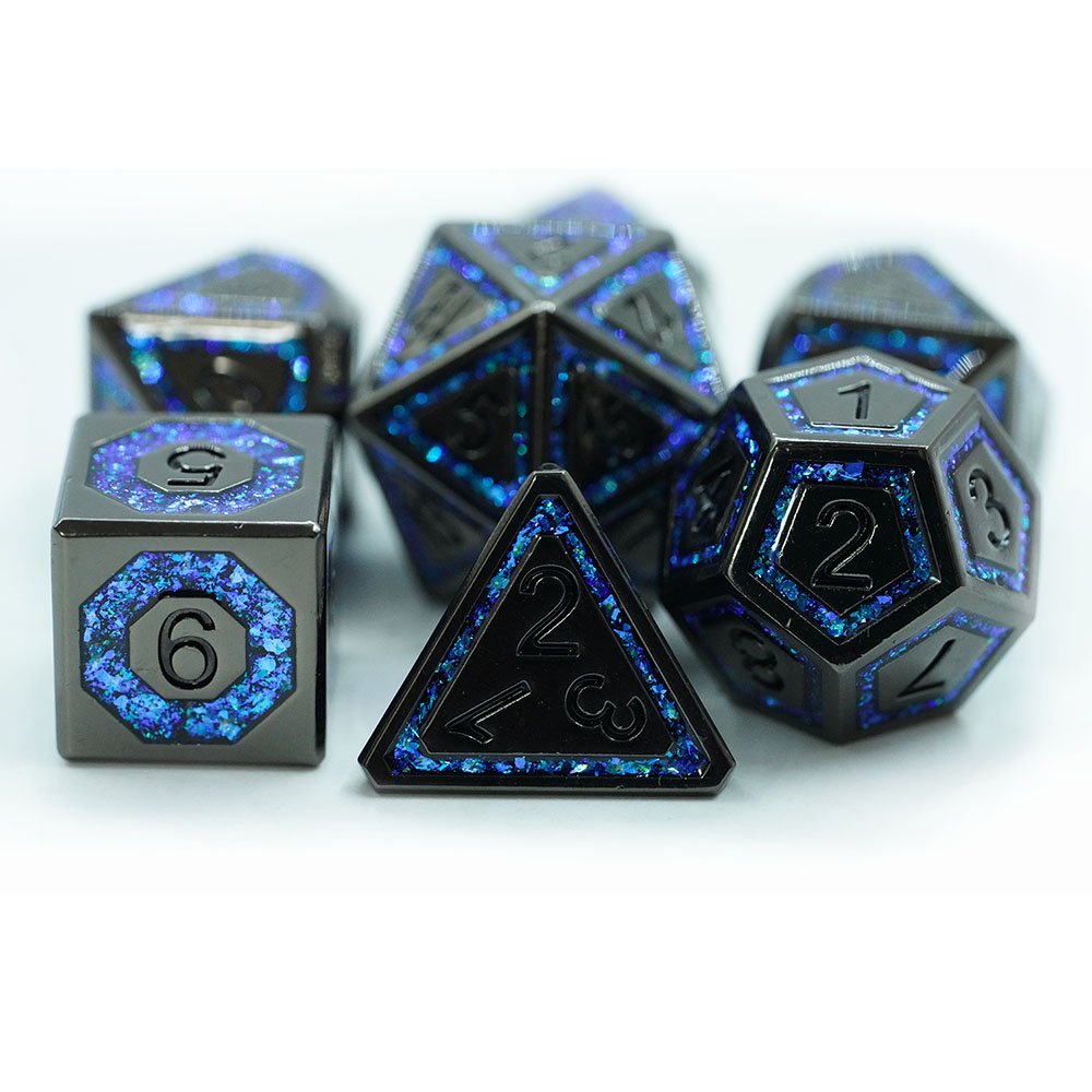 Custom Blue Mica Cracked Stripe Shape 7pcs Full Set Metal Dice Set Sharp Edge Dice