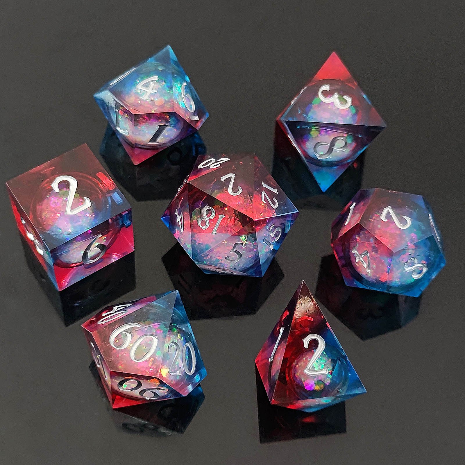 LM Fire and ice Quicksand Glitter Dice Starry sky Liquid Core Sharp Edge Resin Dice Set for DND Gift