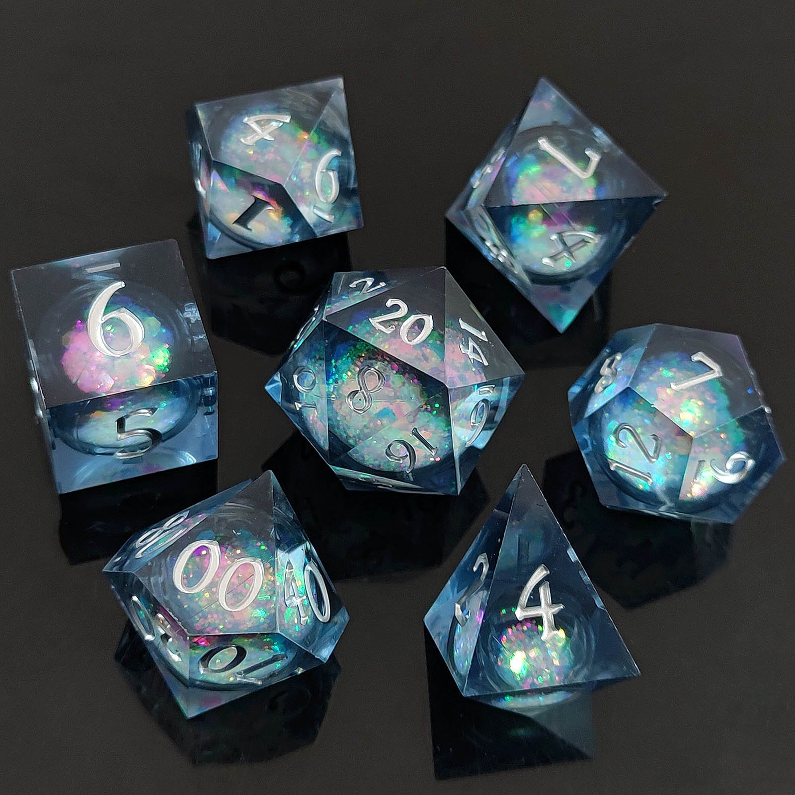 LM Fire and ice Quicksand Glitter Dice Starry sky Liquid Core Sharp Edge Resin Dice Set for DND Gift