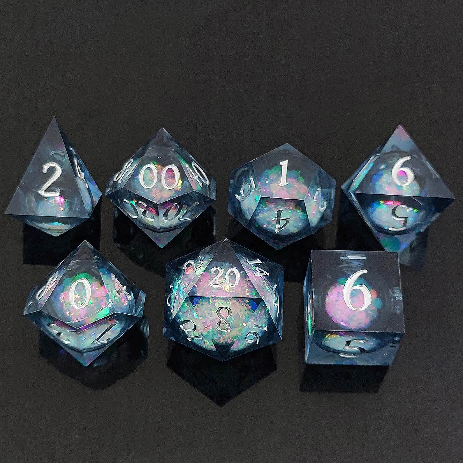 LM Fire and ice Quicksand Glitter Dice Starry sky Liquid Core Sharp Edge Resin Dice Set for DND Gift