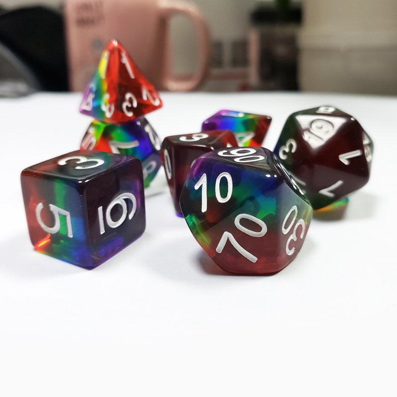 Custom Logo 16mm Dungeons and Dragons Transparent Rainbow DND Plastic Engraved Dice Set