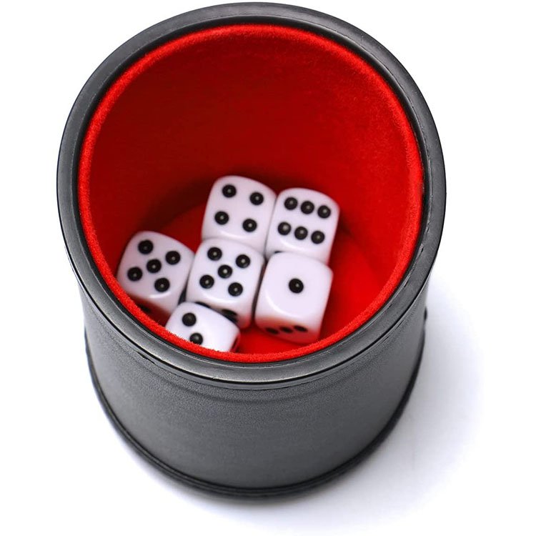 Hot Selling Felt Lined Plastic Personalized Pu Leather Dice Cup Set With 6 Dot Dices