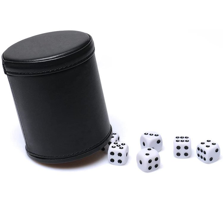 Hot Selling Felt Lined Plastic Personalized Pu Leather Dice Cup Set With 6 Dot Dices