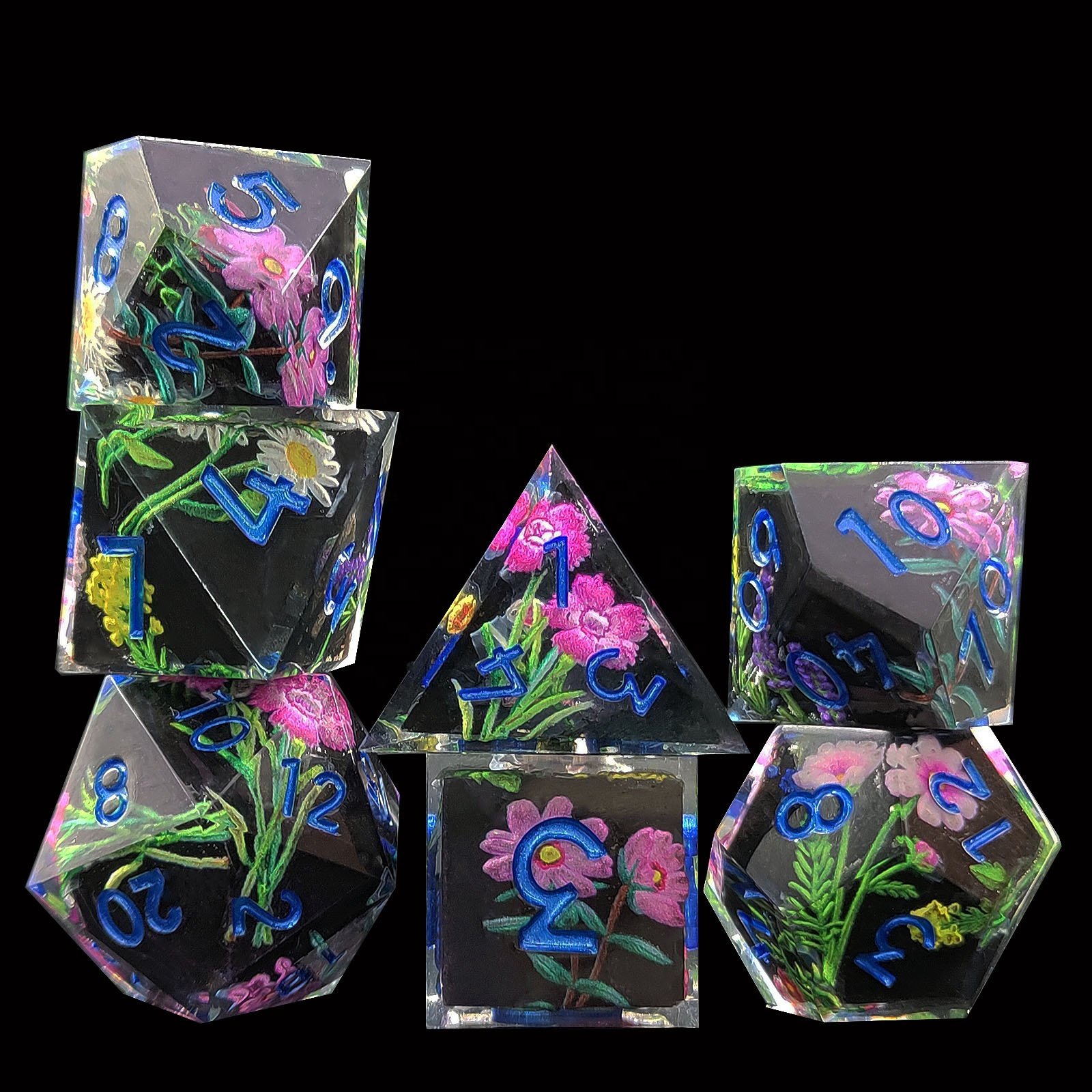Dark Evil Flower Handmade DND Polyhedral Dice Sharp Edge Resin Dice Set for Board Game