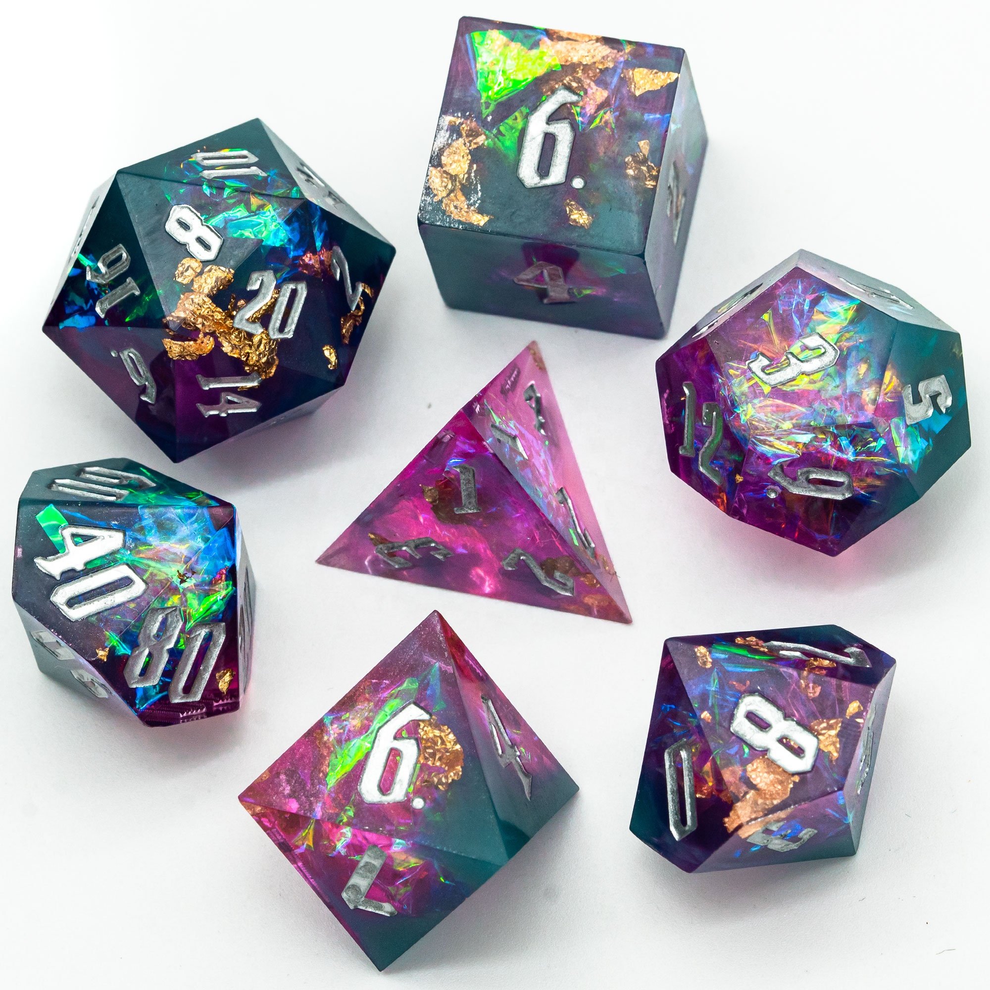 Udixi Resin sharp edge dice RPG Dungeons and Dragons custom logo Dice Set Green&Pink