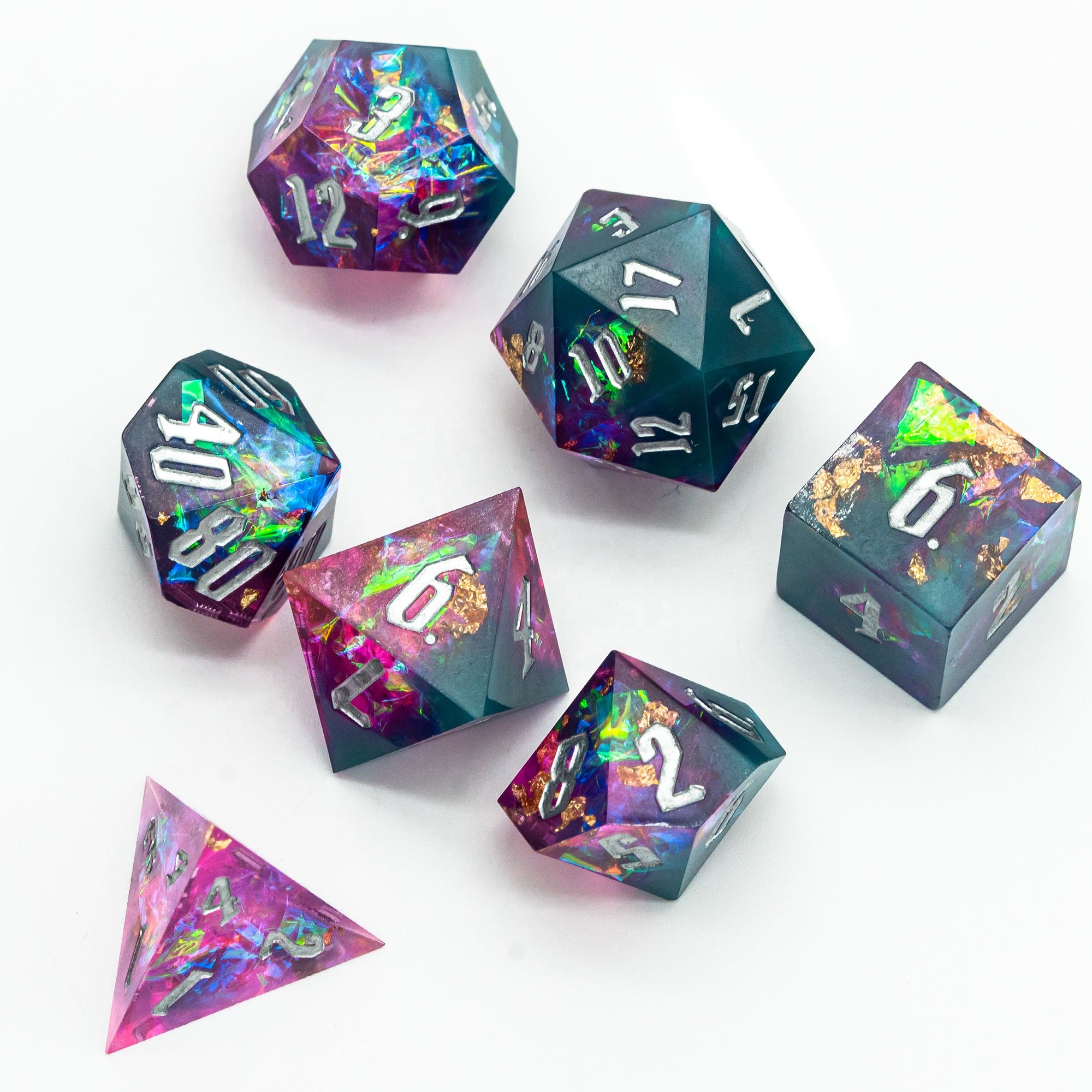 Udixi Resin sharp edge dice RPG Dungeons and Dragons custom logo Dice Set Green&Pink