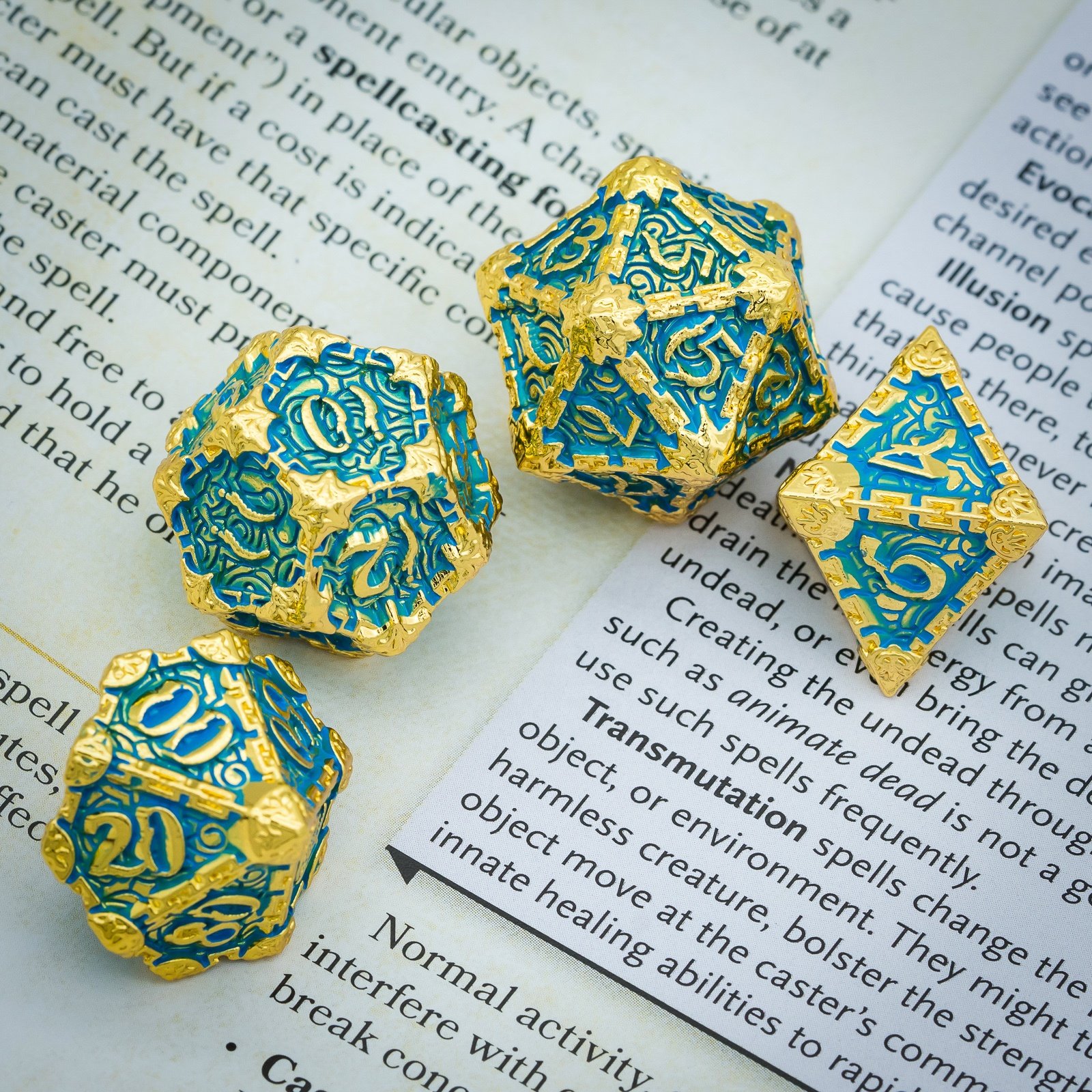 Udixi Polyhedral Metal RPG Board Games Dungeons and Dragons Dice Set Golden Metal Blue Font