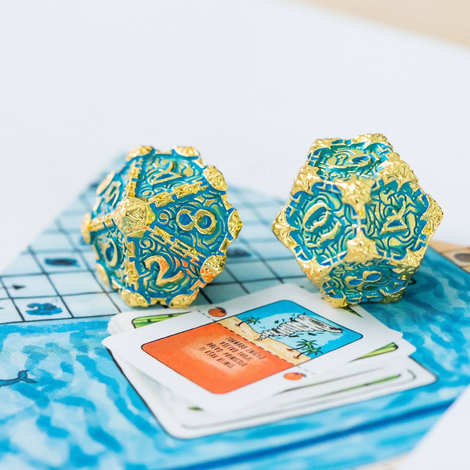 Udixi Polyhedral Metal RPG Board Games Dungeons and Dragons Dice Set Golden Metal Blue Font