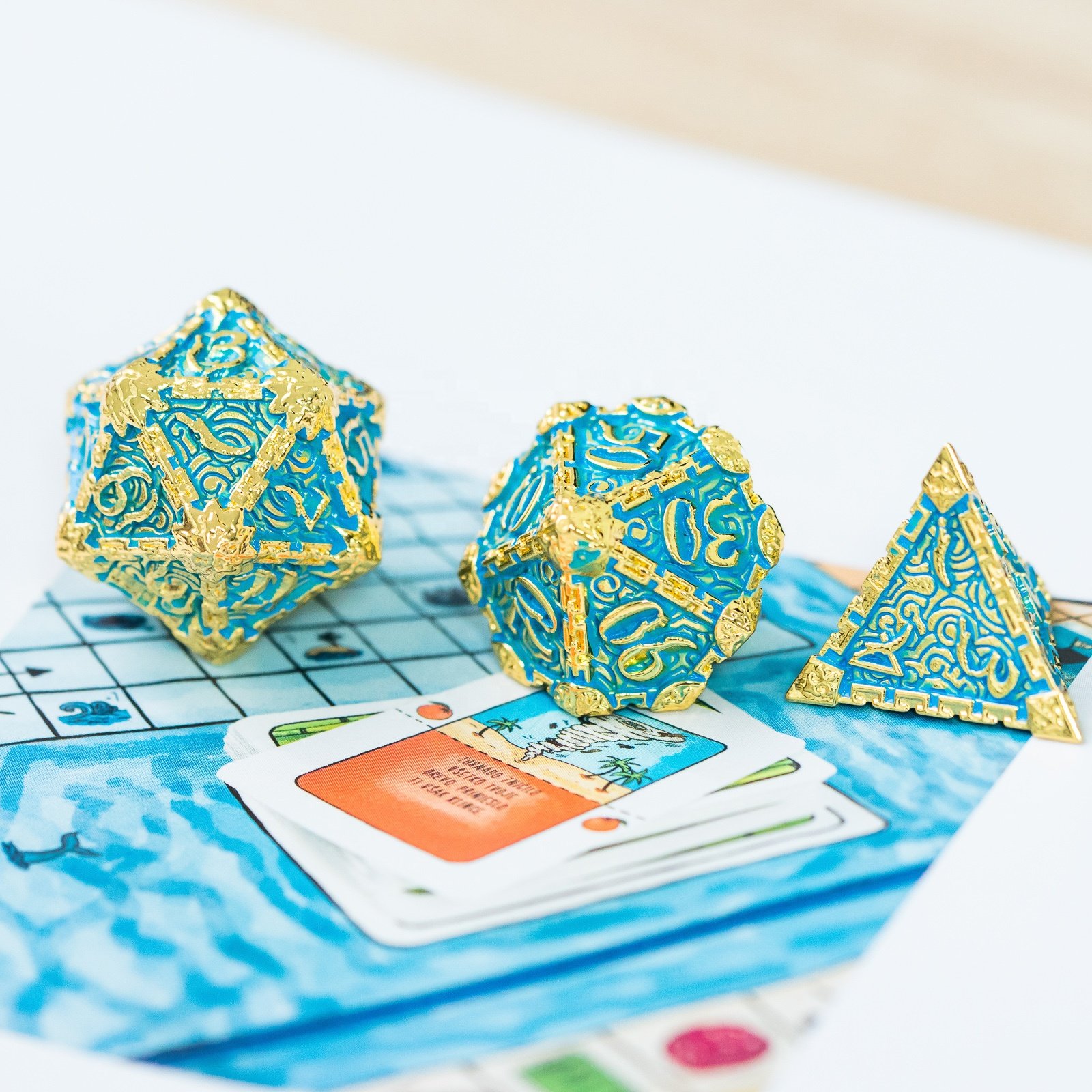 Udixi Polyhedral Metal RPG Board Games Dungeons and Dragons Dice Set Golden Metal Blue Font