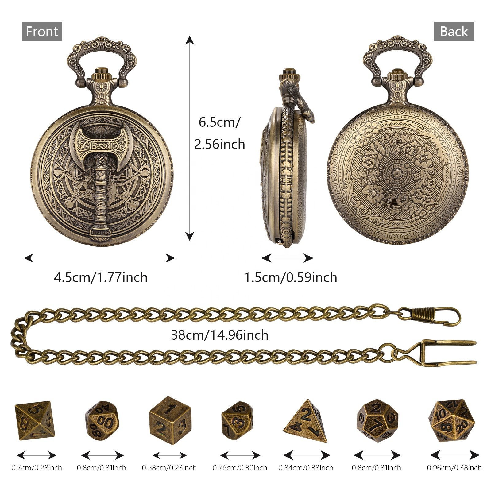 Barbarian Hatchet Mysterious Theme Pocket Watch Case 41 Available Styles Portable Dice Box with Metal Dice Set
