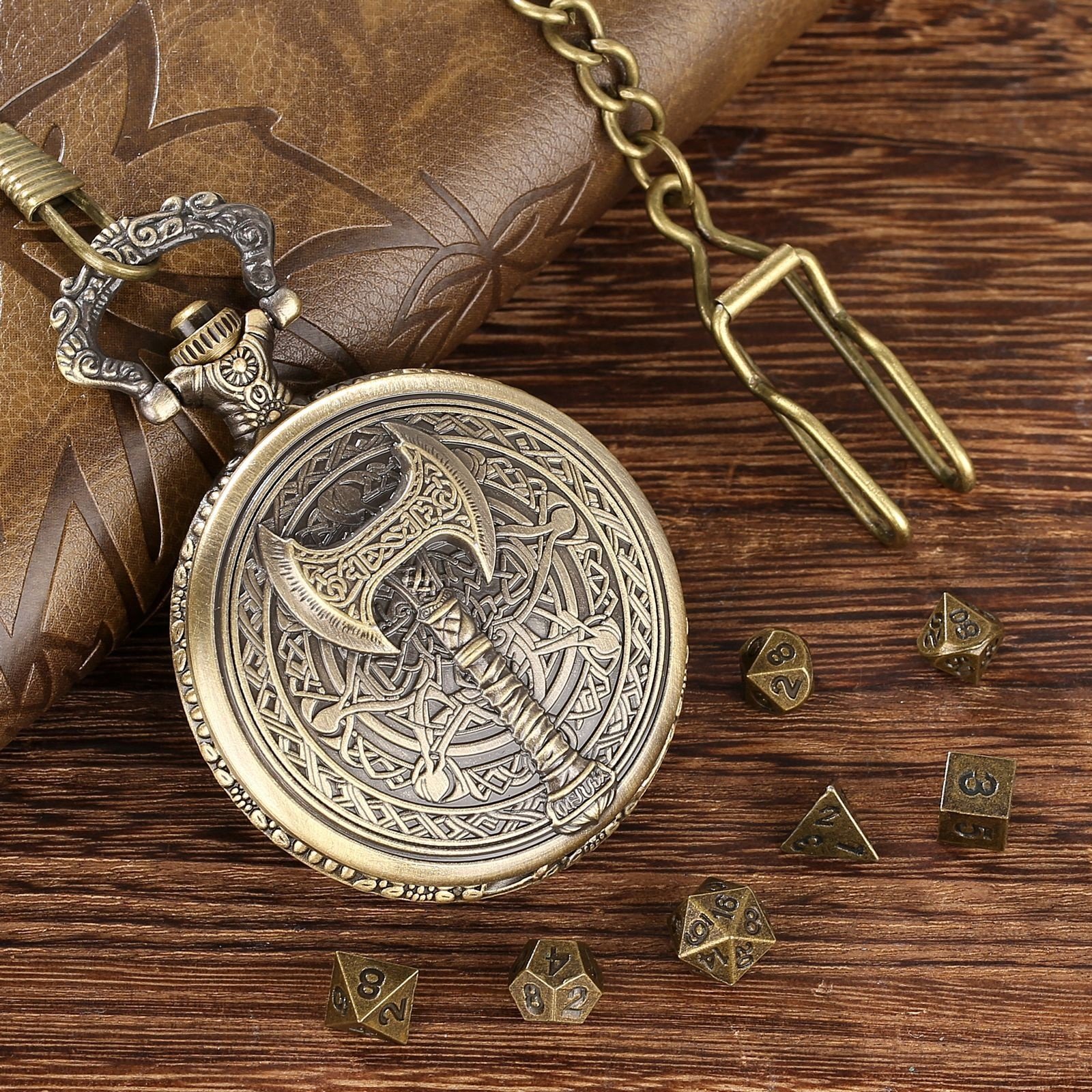 Barbarian Hatchet Mysterious Theme Pocket Watch Case 41 Available Styles Portable Dice Box with Metal Dice Set