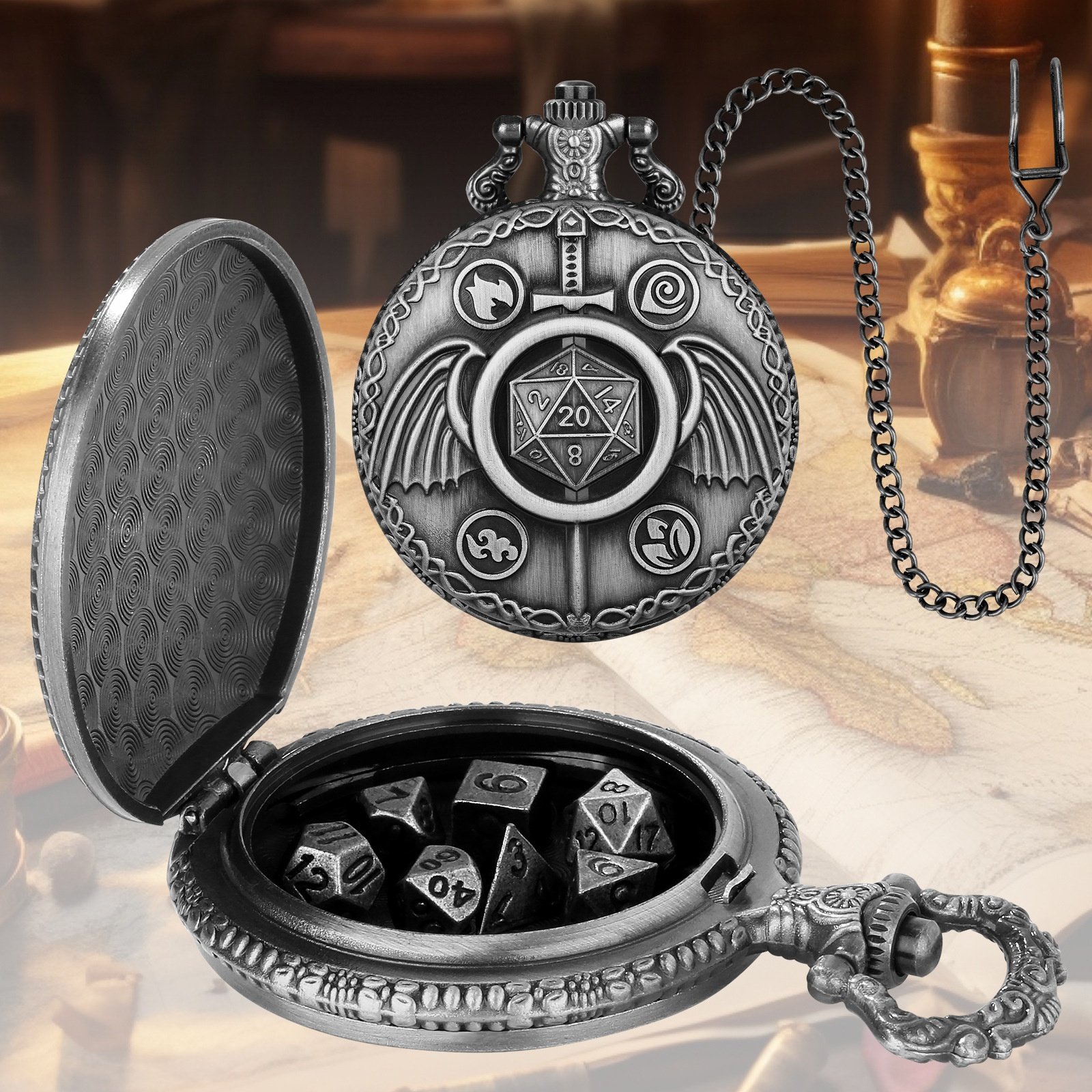 Good Workmanship D20 Dragon Pocket Watch Shell DND Dice Case with Mini Metal Dice Set