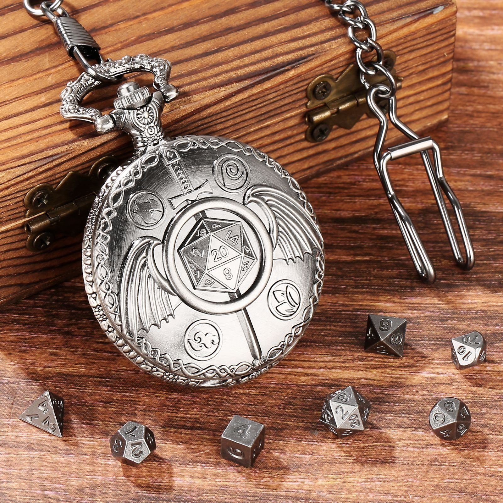 Good Workmanship D20 Dragon Pocket Watch Shell DND Dice Case with Mini Metal Dice Set
