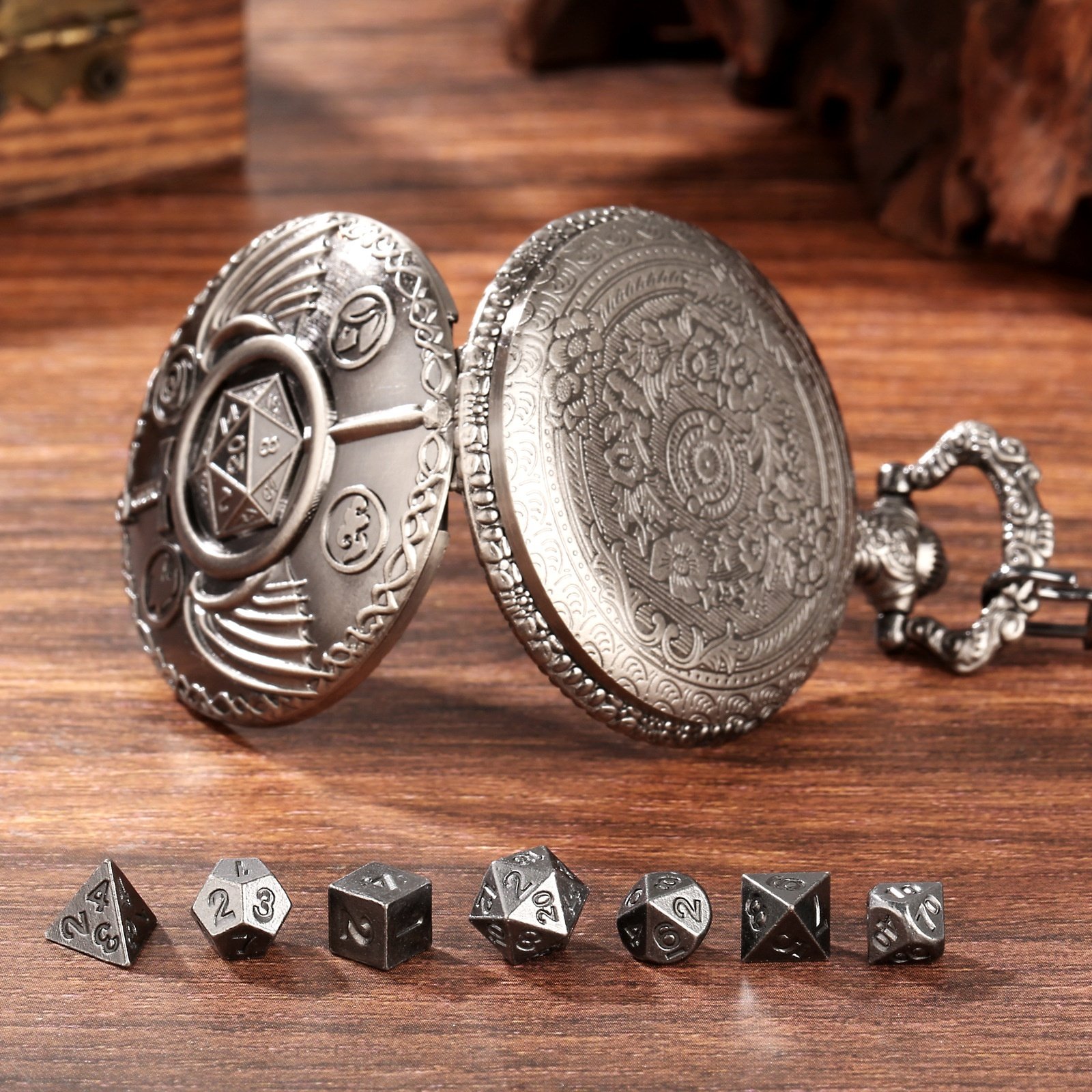 Good Workmanship D20 Dragon Pocket Watch Shell DND Dice Case with Mini Metal Dice Set