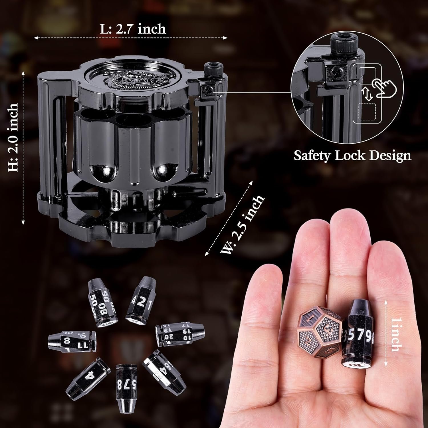 Metal Polyhedral Bullet Dice Set of 7 with Rotating Revolver Cylinder Container - Cyberpunk Style Dice Metal Dice Customised