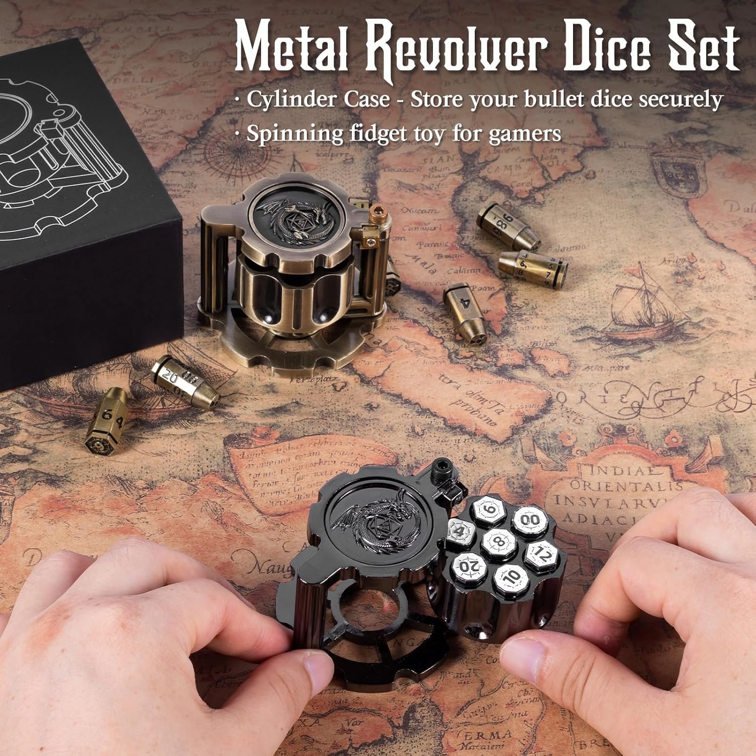 Metal Polyhedral Bullet Dice Set of 7 with Rotating Revolver Cylinder Container - Cyberpunk Style Dice Metal Dice Customised