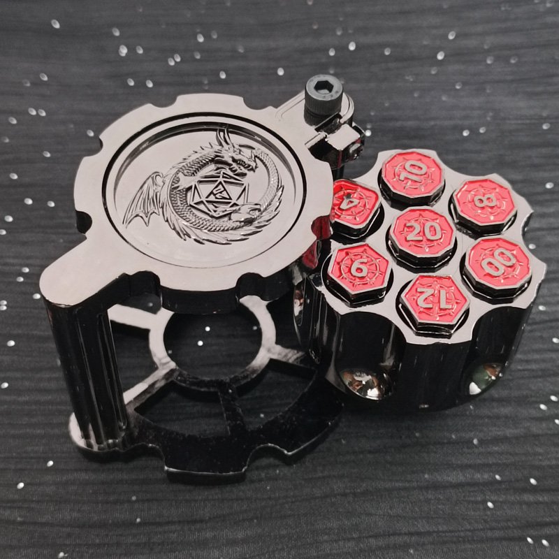 Metal Polyhedral Bullet Dice Set of 7 with Rotating Revolver Cylinder Container - Cyberpunk Style Dice Metal Dice Customised