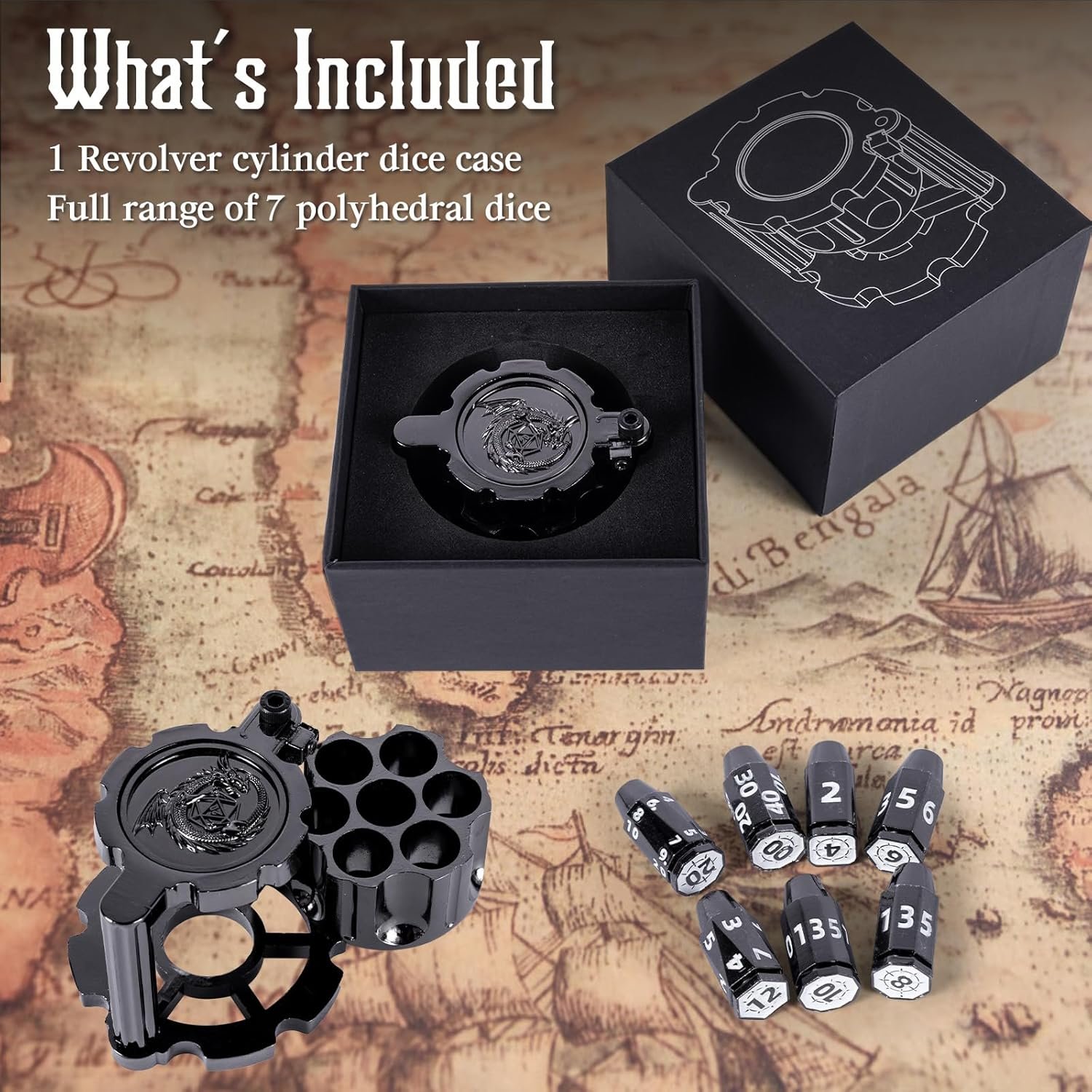 Metal Polyhedral Bullet Dice Set of 7 with Rotating Revolver Cylinder Container - Cyberpunk Style Dice Metal Dice Customised