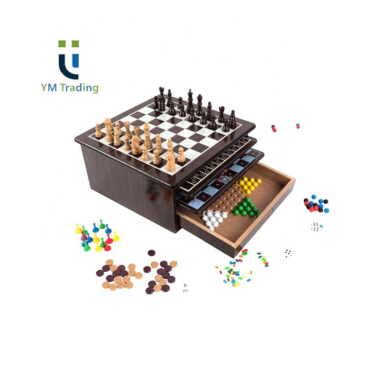 10 In 1 Deluxe Chess, Backgammon, Checkers, Cribb Dice And Other Multi-Functional Wooden Board Games Set Durable