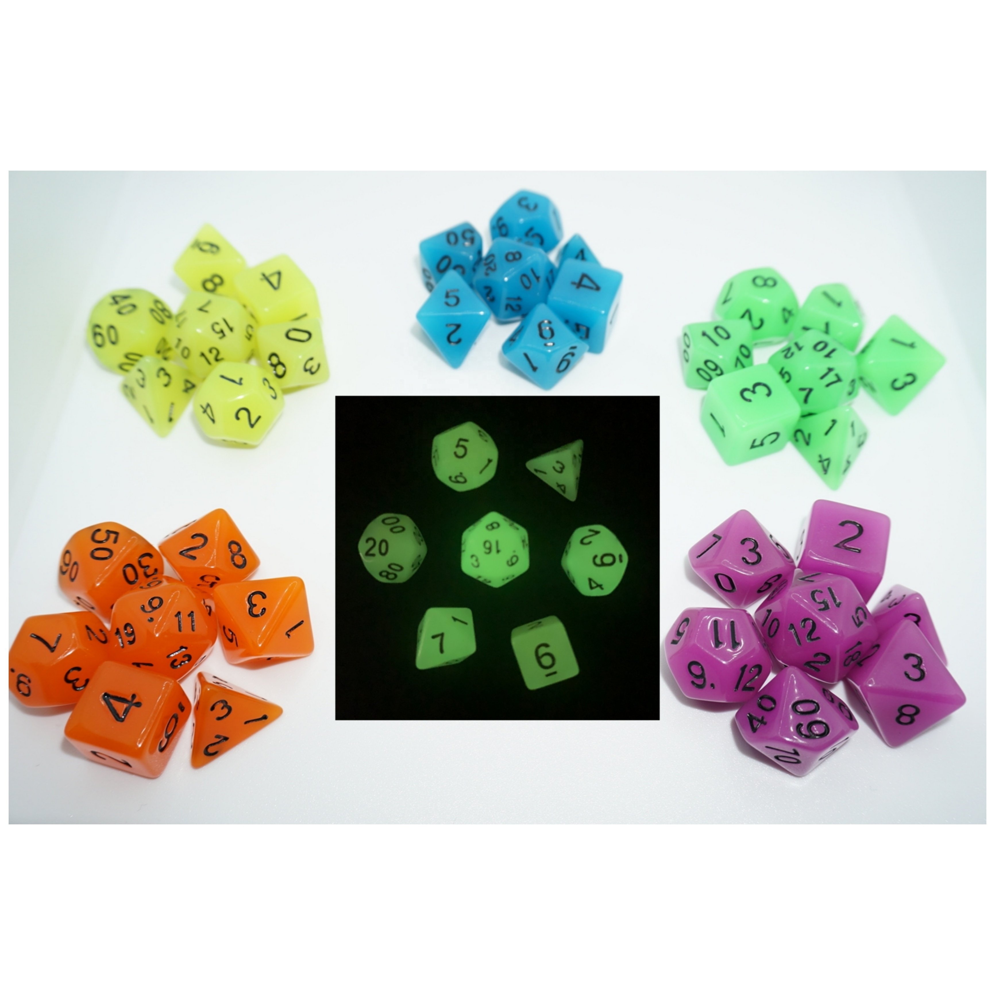 7 pcs Set Professional Customize Acrylic dice for Rpg 16mm Wholesale Glow in the dark dice set D4, D6, D8, D10, D%, D12,D20